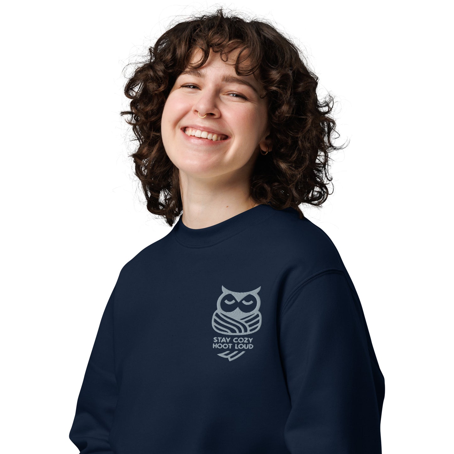 Owl Unisex Eco Sweatshirt: 'Stay Cozy Hoot Loud' in Fall | Sustainable Owl Fashion USA French Navy Dudeily