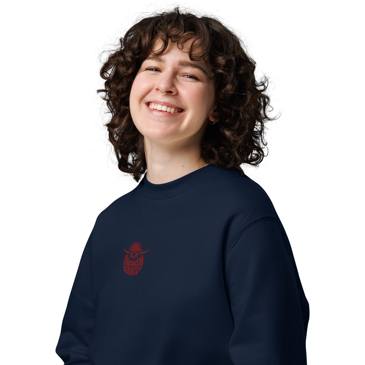 Unisex Eco Sweatshirt "Awaken Gently" – Embroidered Eco-Friendly Owl Clothing Dudeily
