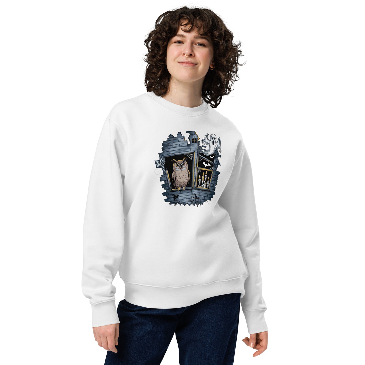 Unisex Eco Sweatshirt: Halloween Owl Cozy Sustainable Style USA White Dudeily