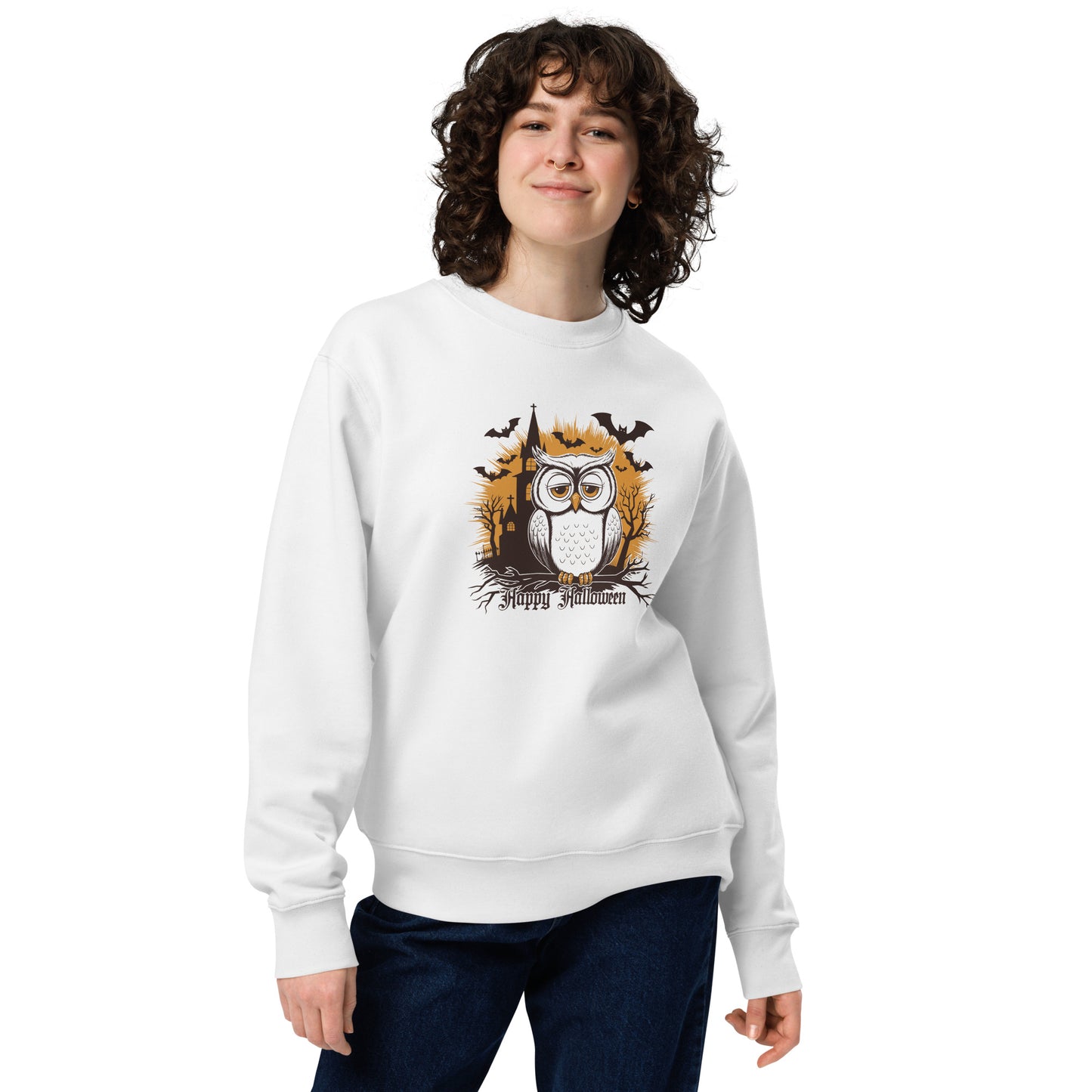 Unisex Eco Sweatshirt: Halloween Owl Cozy Sustainable Style USA White Dudeily