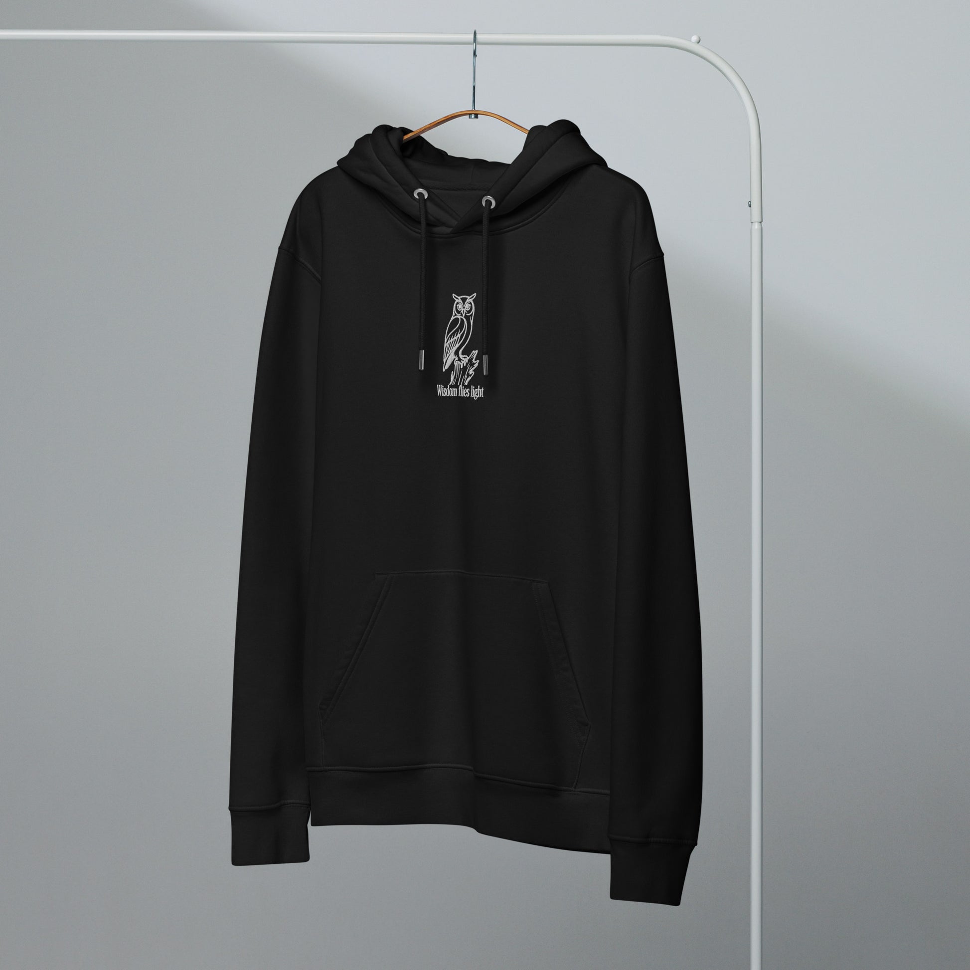 Owl Unisex Essential Organic Hoodie: 'Wisdom Flies Light' in Fall | Sustainable Fashion Dudeily