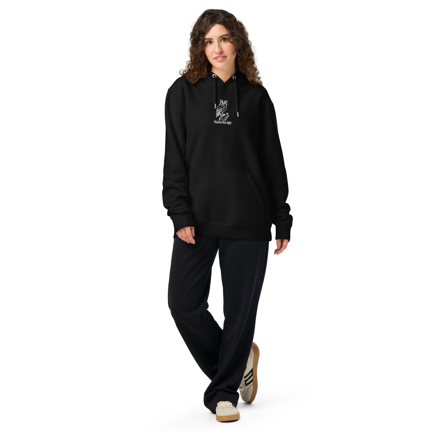 Owl Unisex Essential Organic Hoodie: 'Wisdom Flies Light' in Fall | Sustainable Fashion Black Dudeily