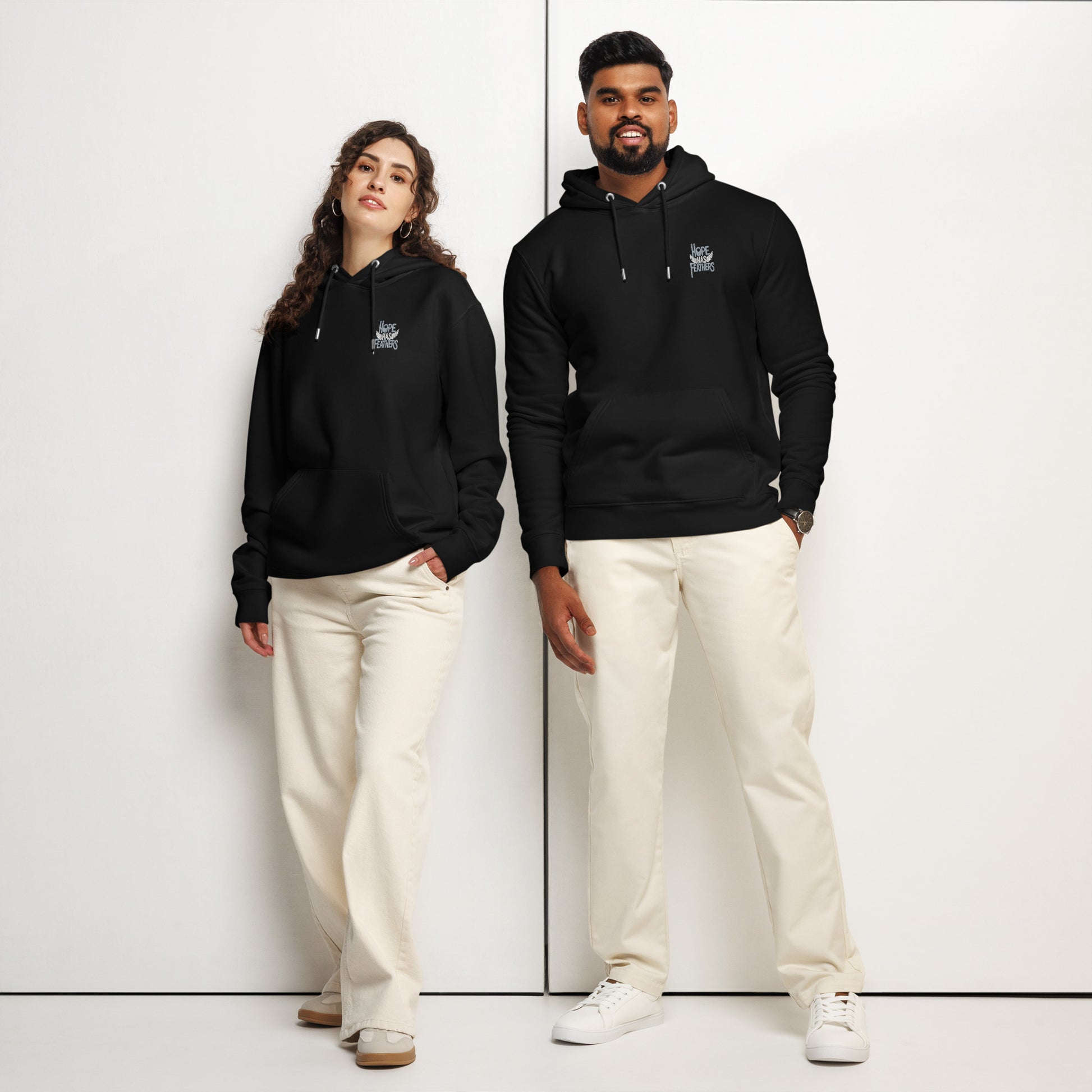 Unisex Essential Organic Hoodie "Hope Has Feathers" – Embroidered Eco-Friendly Owl Clothing Dudeily