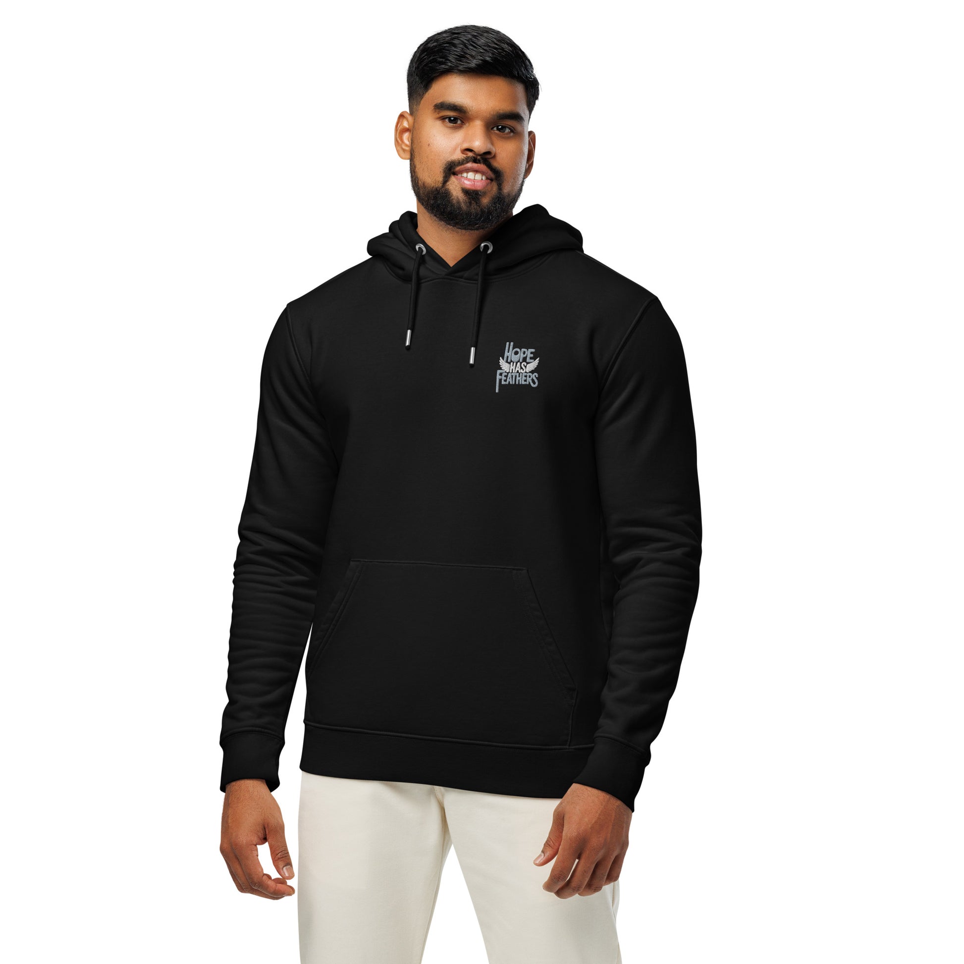 Unisex Essential Organic Hoodie "Hope Has Feathers" – Embroidered Eco-Friendly Owl Clothing Dudeily