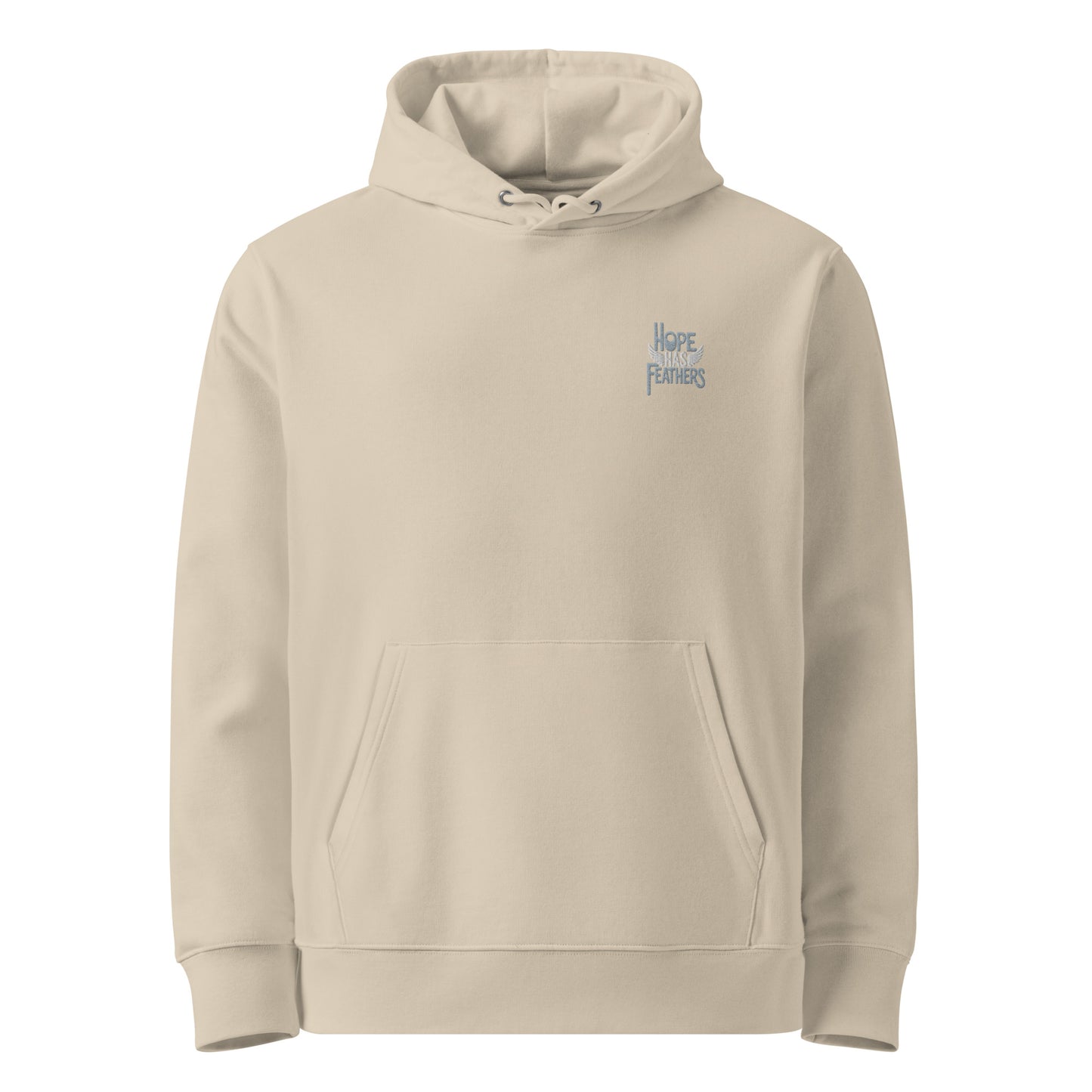 Unisex Essential Organic Hoodie "Hope Has Feathers" – Embroidered Eco-Friendly Owl Clothing Desert Dust Dudeily