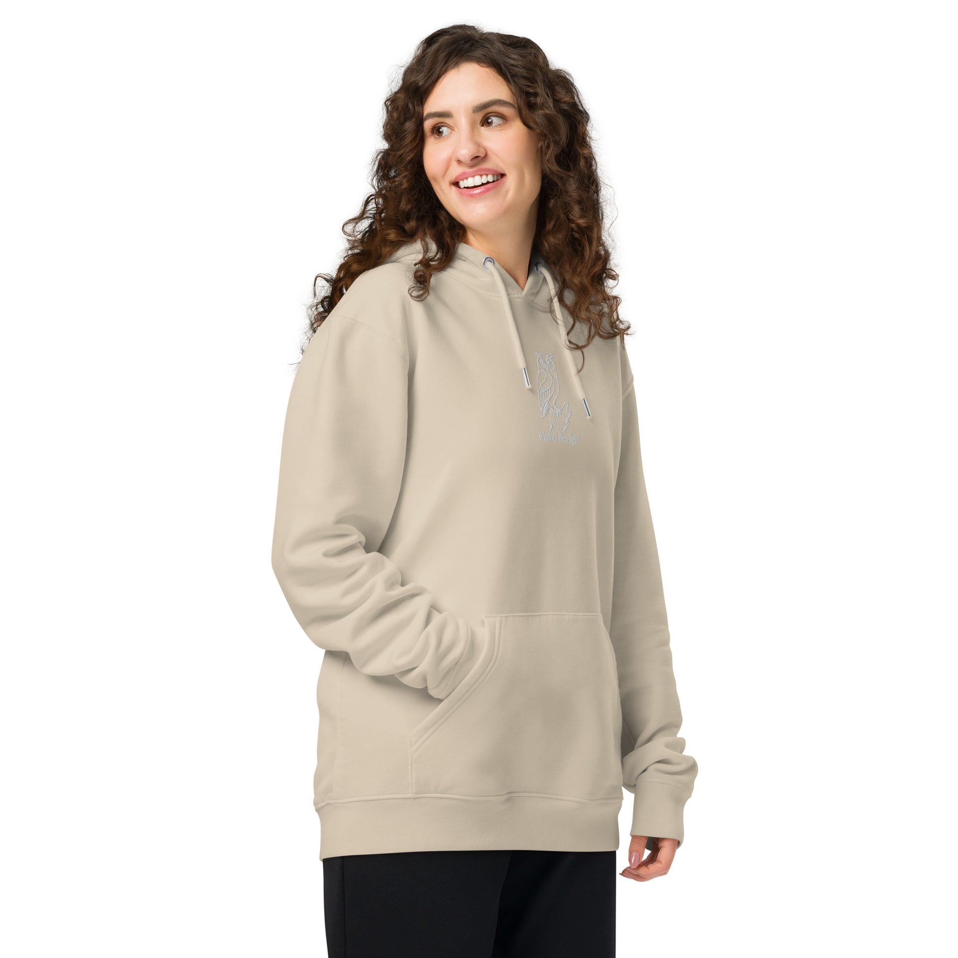 Owl Unisex Essential Organic Hoodie: 'Wisdom Flies Light' in Fall | Sustainable Fashion Dudeily