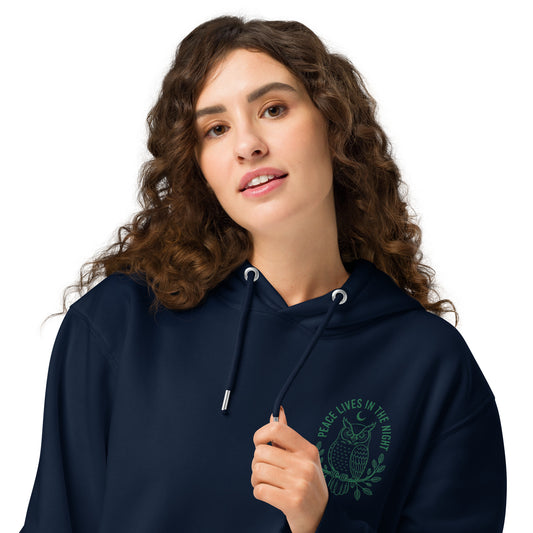 Owl Unisex Essential Organic Hoodie-'Peace Lives in the Night' in Fall | Sustainable Fashion Dudeily