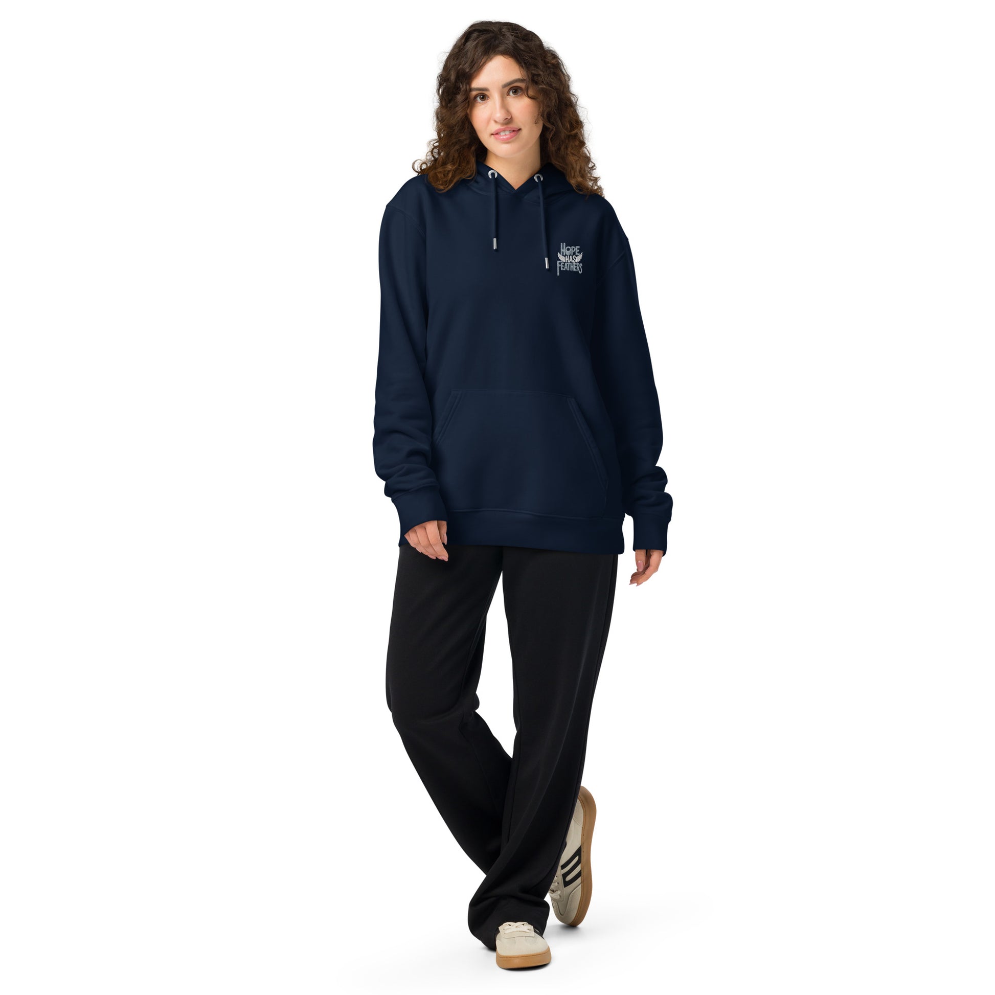 Unisex Essential Organic Hoodie "Hope Has Feathers" – Embroidered Eco-Friendly Owl Clothing Dudeily