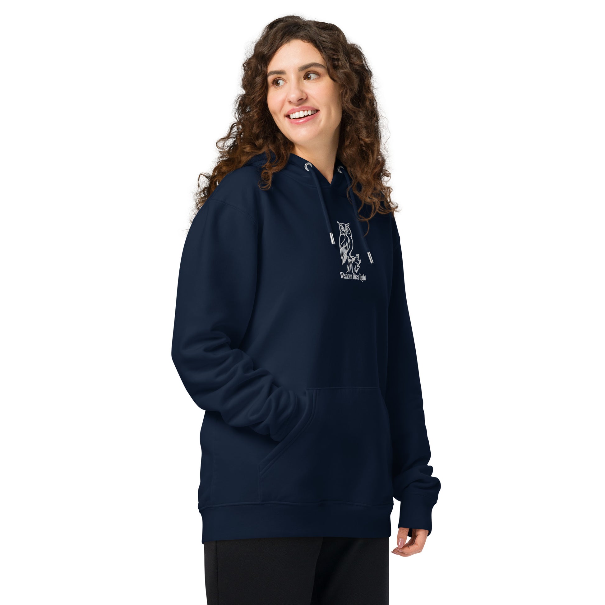 Owl Unisex Essential Organic Hoodie: 'Wisdom Flies Light' in Fall | Sustainable Fashion Dudeily