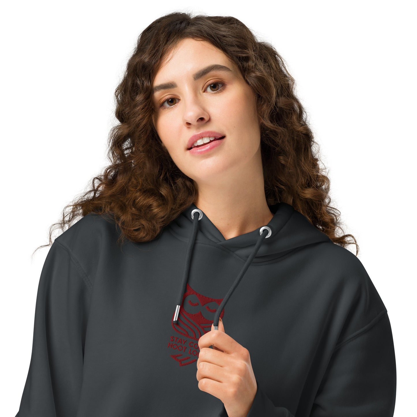 Sustainable Fashion USA-Owl Unisex Essential Organic Hoodie: 'Stay Cozy Hoot Loud' in Fall India Ink Grey Dudeily
