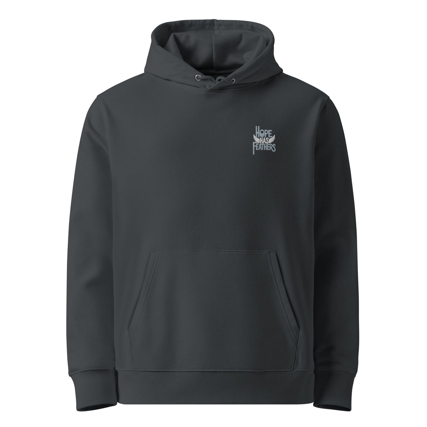 Unisex Essential Organic Hoodie "Hope Has Feathers" – Embroidered Eco-Friendly Owl Clothing India Ink Grey Dudeily
