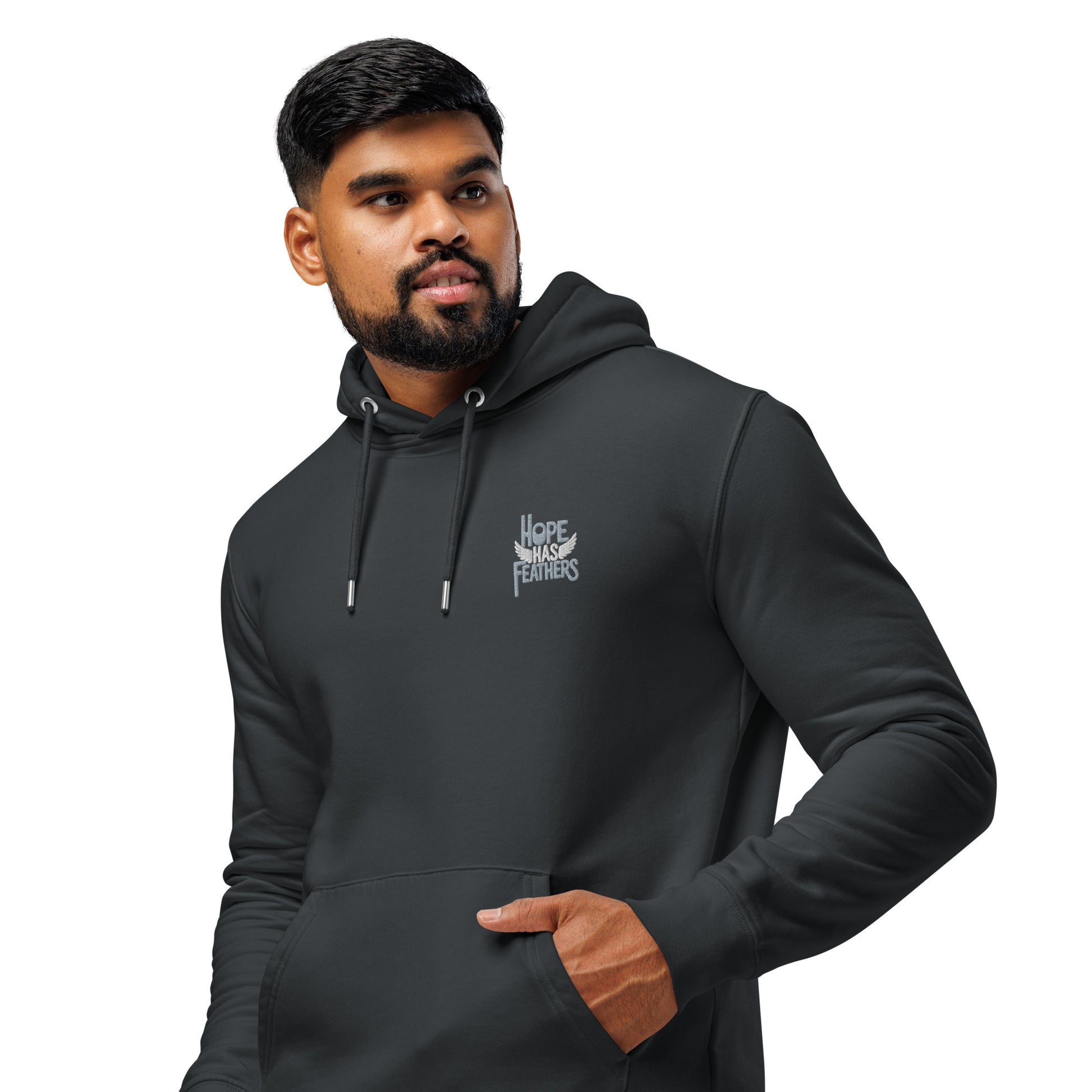 Unisex Essential Organic Hoodie "Hope Has Feathers" – Embroidered Eco-Friendly Owl Clothing Dudeily