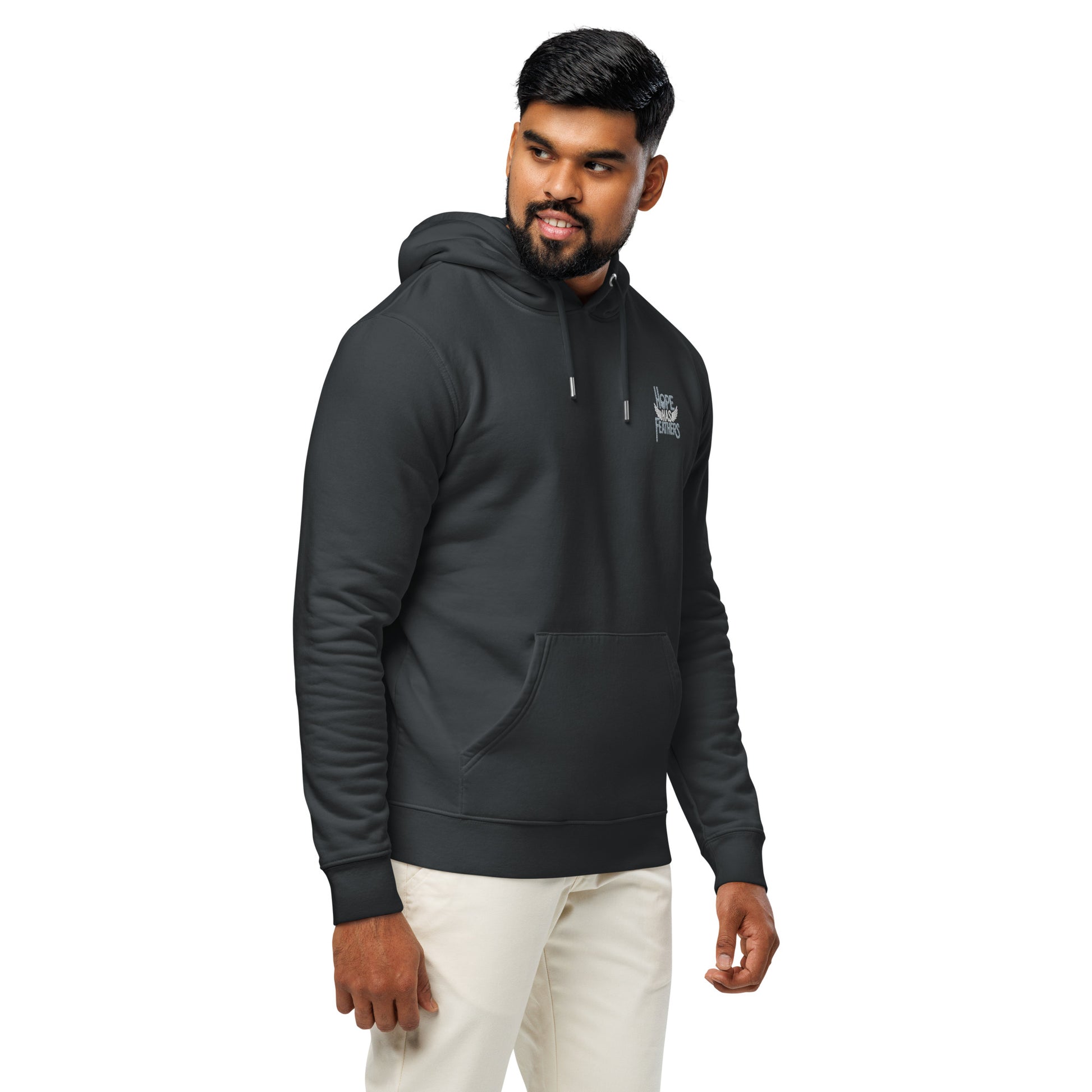 Unisex Essential Organic Hoodie "Hope Has Feathers" – Embroidered Eco-Friendly Owl Clothing Dudeily