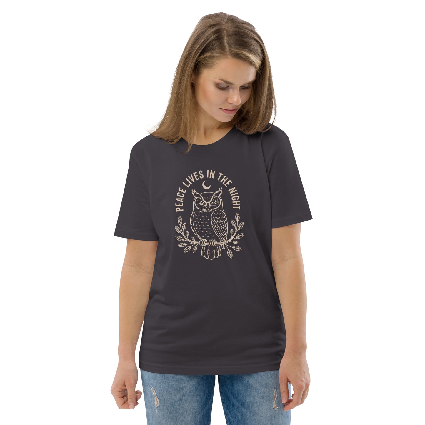 Unisex Organic Cotton T-Shirt: 'Peace in the Night' | Sustainable Owl Fashion USA Anthracite Dudeily