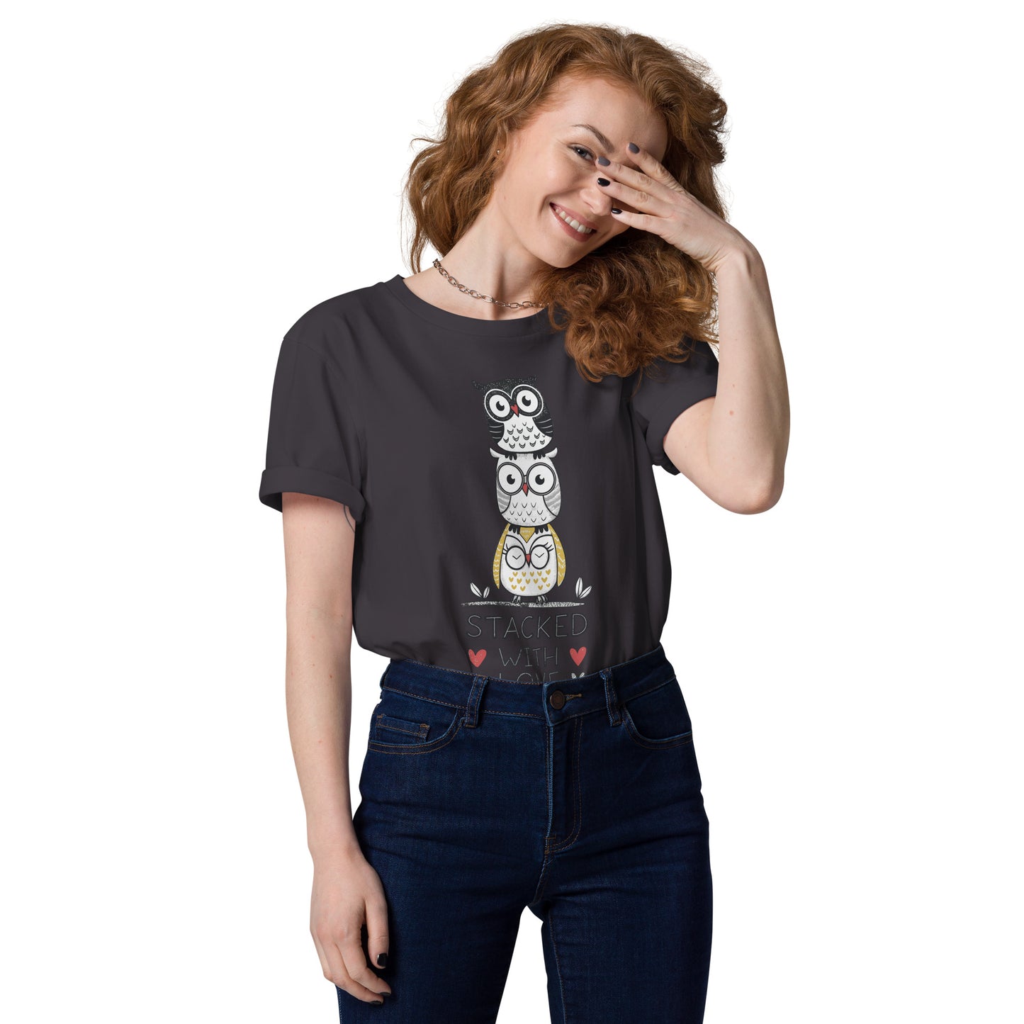 Unisex Organic Cotton T-Shirt: Stacked with Love | Owl-Themed Sustainable Fashion USA by Dudeily Anthracite Dudeily