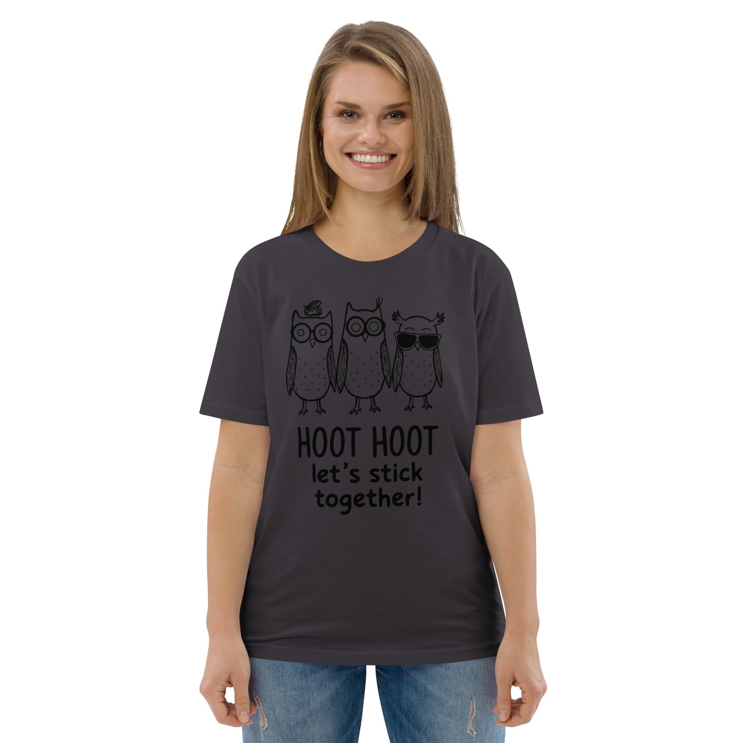 Unisex Organic Cotton T-Shirt: Hoot Hoot Let’s Stick Together! | Owl-Themed Sustainable Fashion USA Dudeily