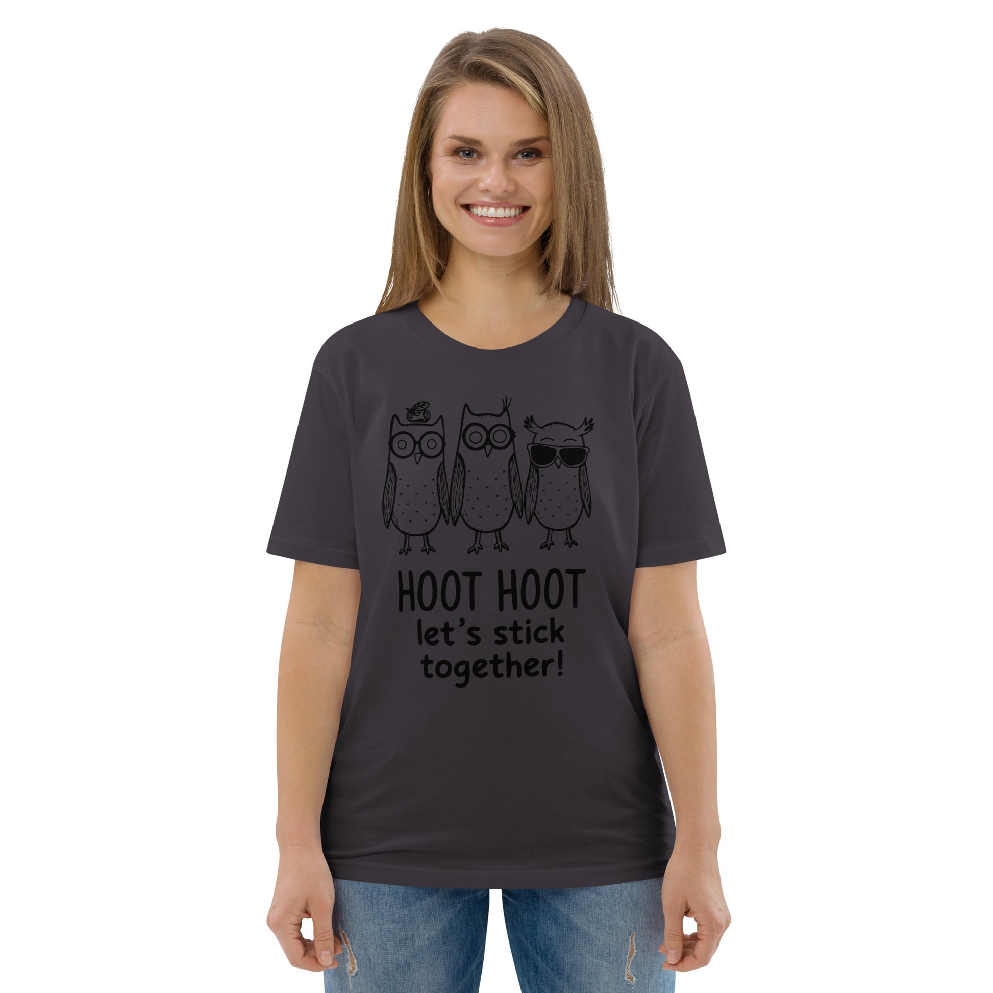 Unisex Organic Cotton T-Shirt: Hoot Hoot Let’s Stick Together! | Owl-Themed Sustainable Fashion USA Dudeily