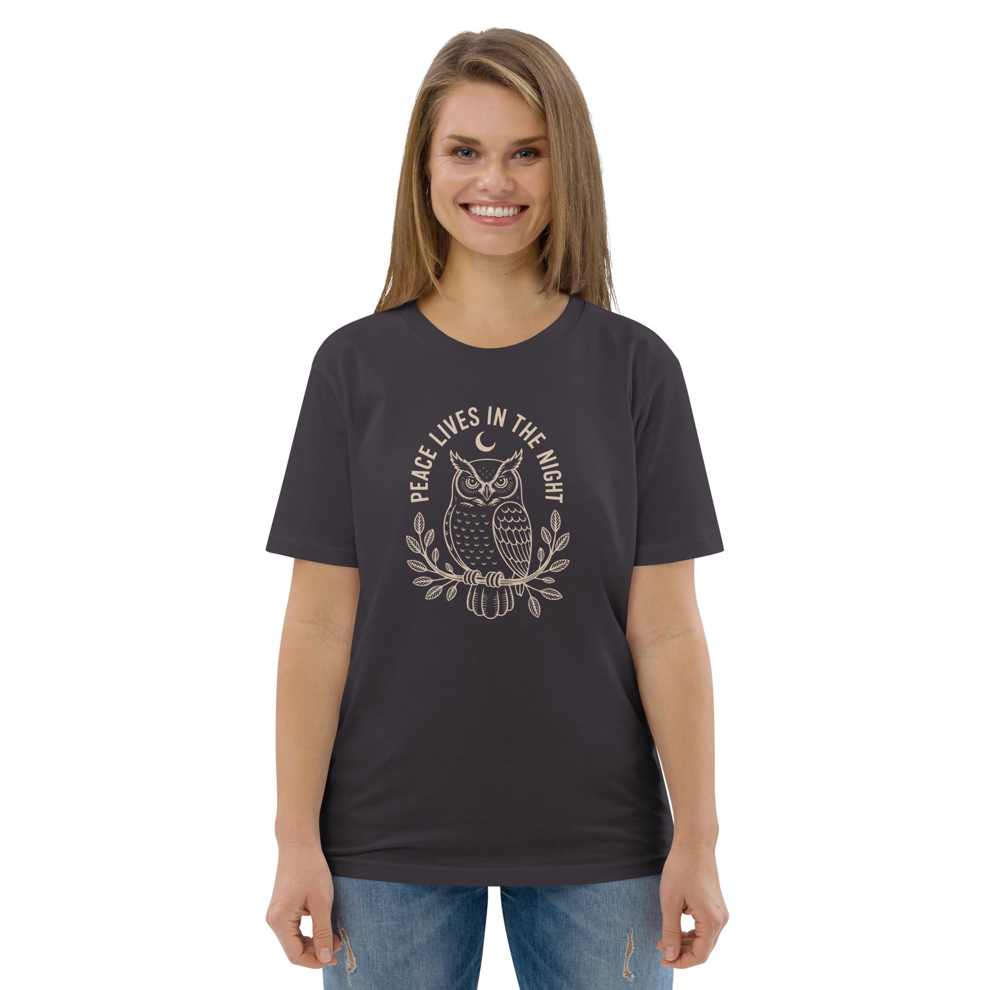 Unisex Organic Cotton T-Shirt: 'Peace in the Night' | Sustainable Owl Fashion USA Dudeily