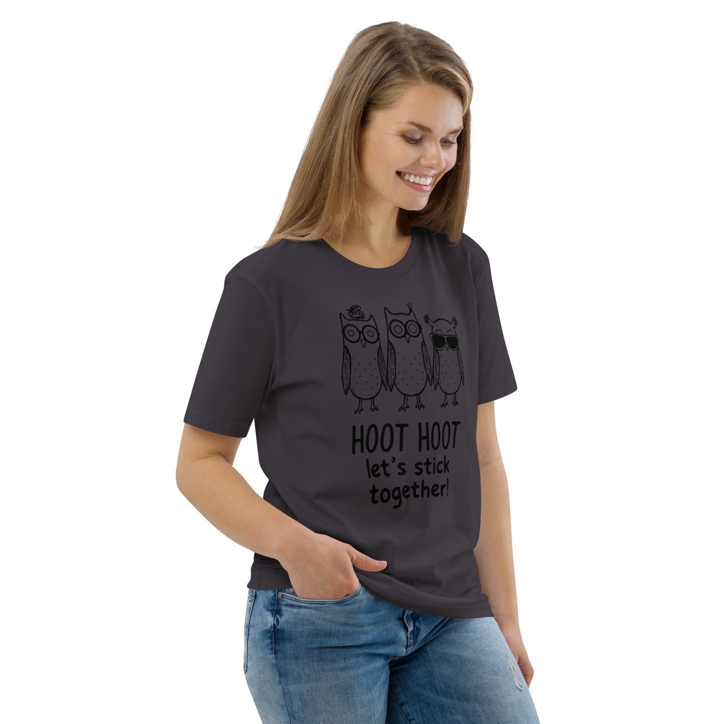 Unisex Organic Cotton T-Shirt: Hoot Hoot Let’s Stick Together! | Owl-Themed Sustainable Fashion USA Dudeily