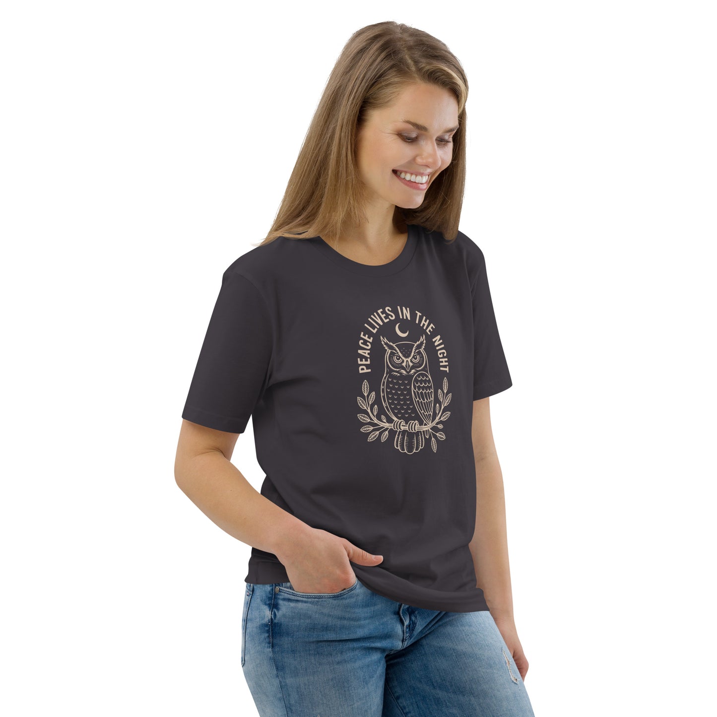 Unisex Organic Cotton T-Shirt: 'Peace in the Night' | Sustainable Owl Fashion USA Dudeily