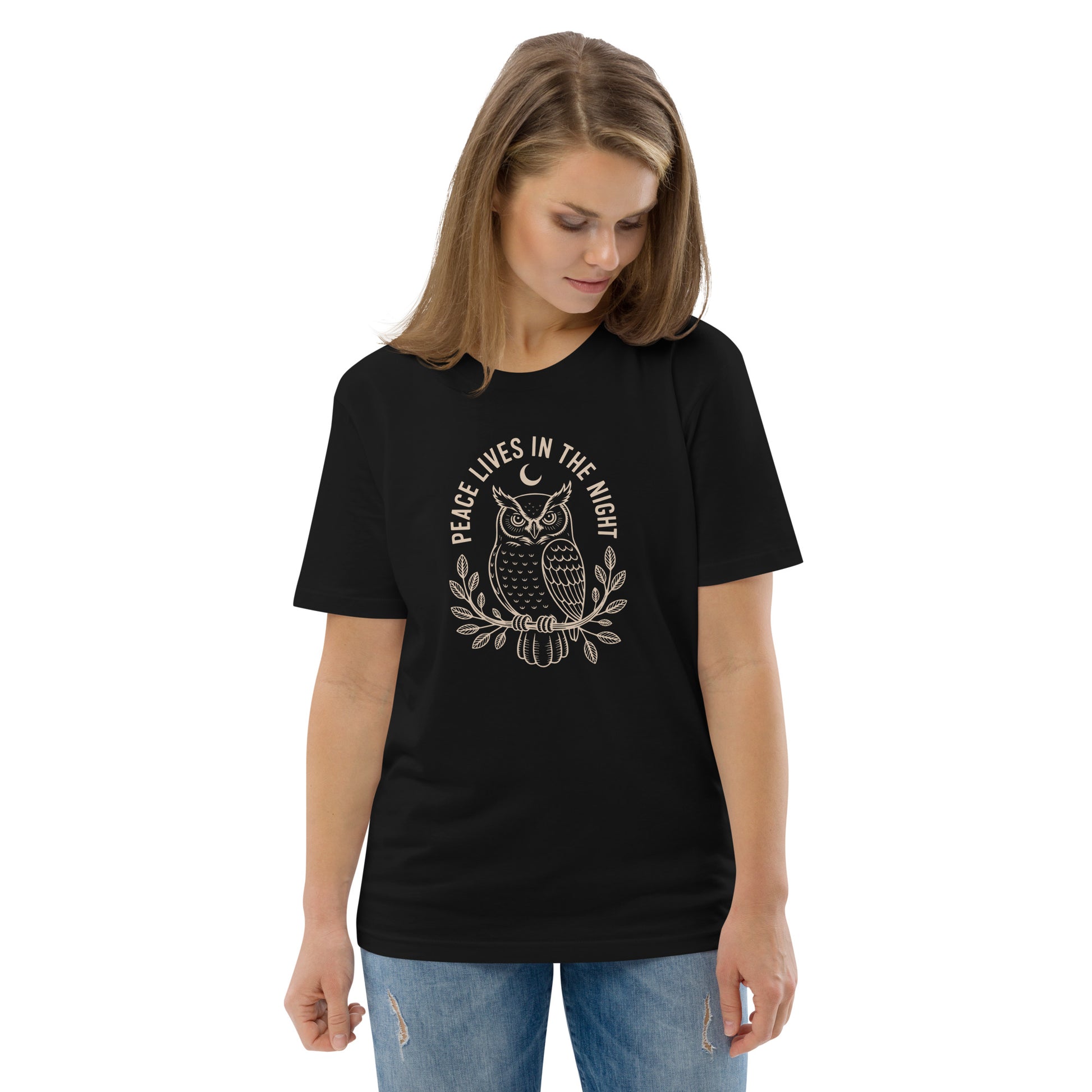 Unisex Organic Cotton T-Shirt: 'Peace in the Night' | Sustainable Owl Fashion USA Black Dudeily