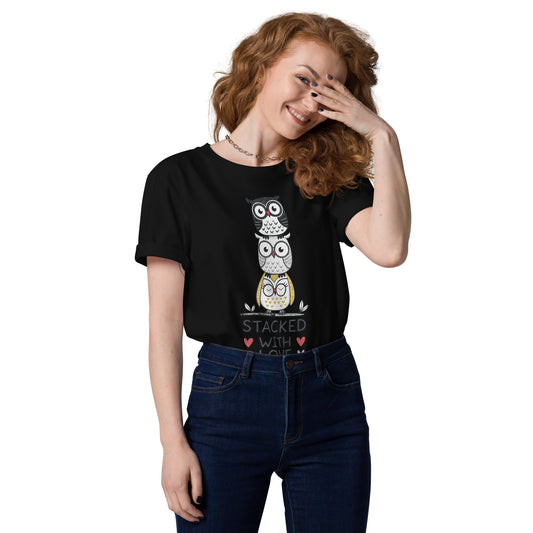Unisex Organic Cotton T-Shirt: Stacked with Love | Owl-Themed Sustainable Fashion USA by Dudeily Black Dudeily
