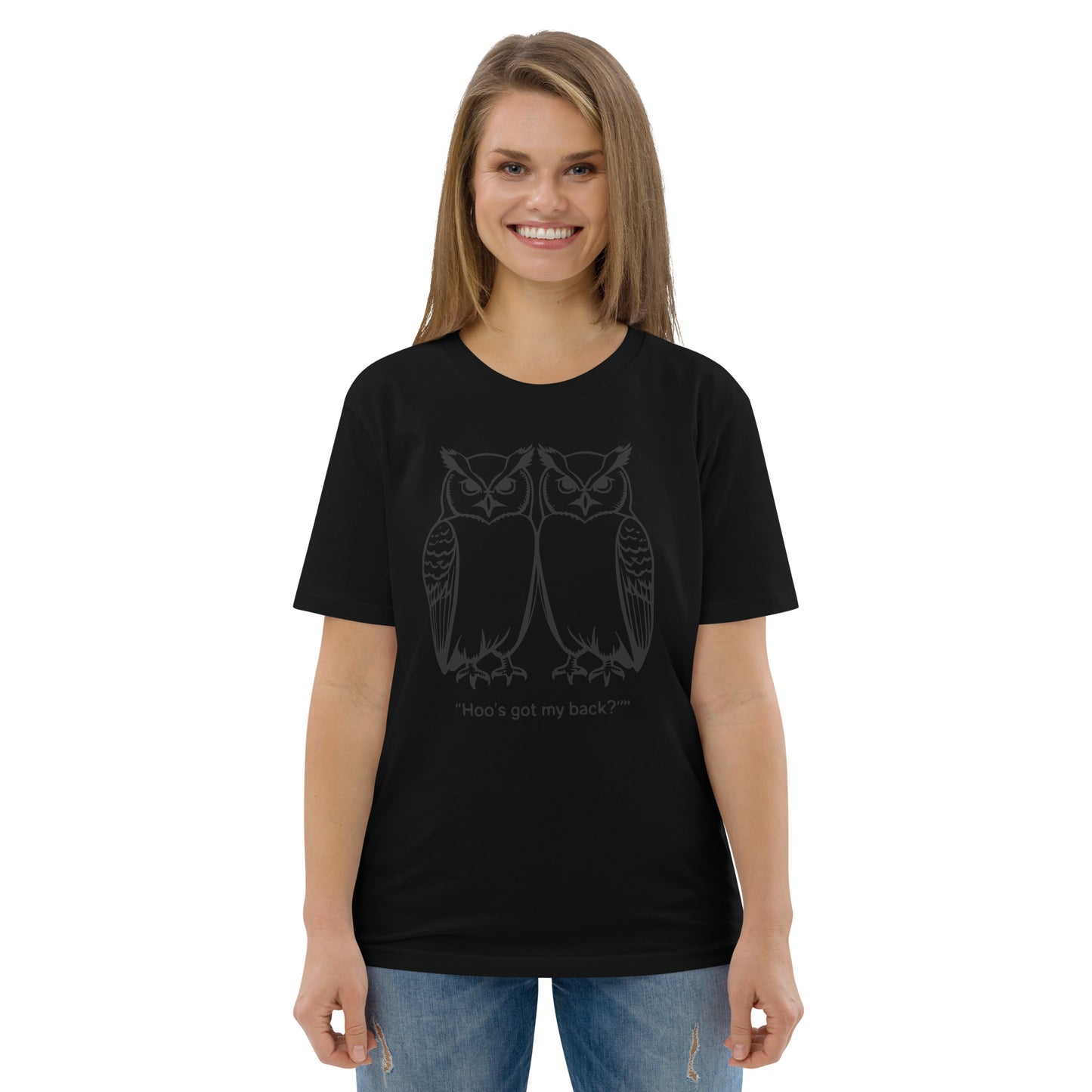 Unisex Organic Cotton T-Shirt: Hoo’s Got My Back? | Owl-Themed Sustainable Fashion USA by Dudeily Dudeily