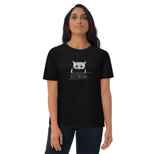 Organic Cotton T-Shirt: 'Hoo's Watching You? Just Nature' in Fall | Ethical Owl Clothing USA Black Dudeily