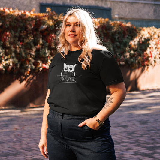 Organic Cotton T-Shirt: 'Hoo's Watching You? Just Nature' in Fall | Ethical Owl Clothing USA Dudeily