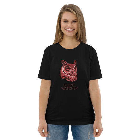 Unisex Organic Cotton T-Shirt: 'Silent Watcher' | Sustainable Owl Fashion USA Black Dudeily