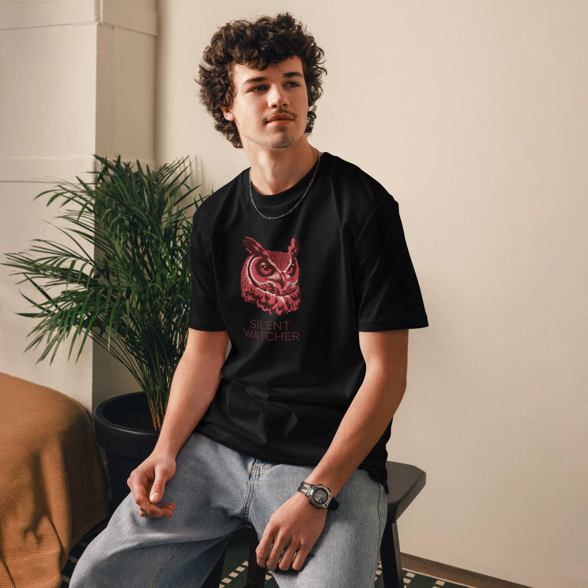 Unisex Organic Cotton T-Shirt: 'Silent Watcher' | Sustainable Owl Fashion USA Dudeily