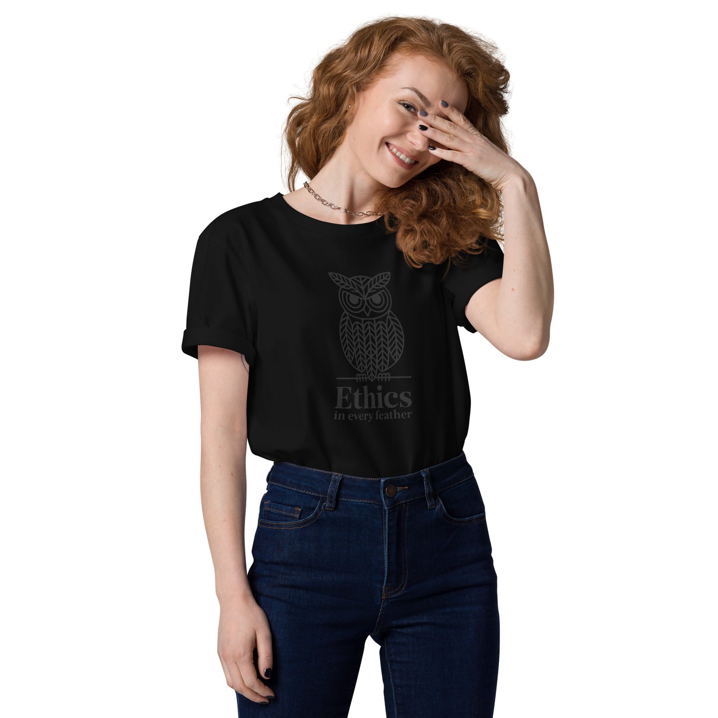 Unisex Organic Cotton T-Shirt: 'Ethics in Every Feather' for Fall | Sustainable Owl Fashion USA Black Dudeily