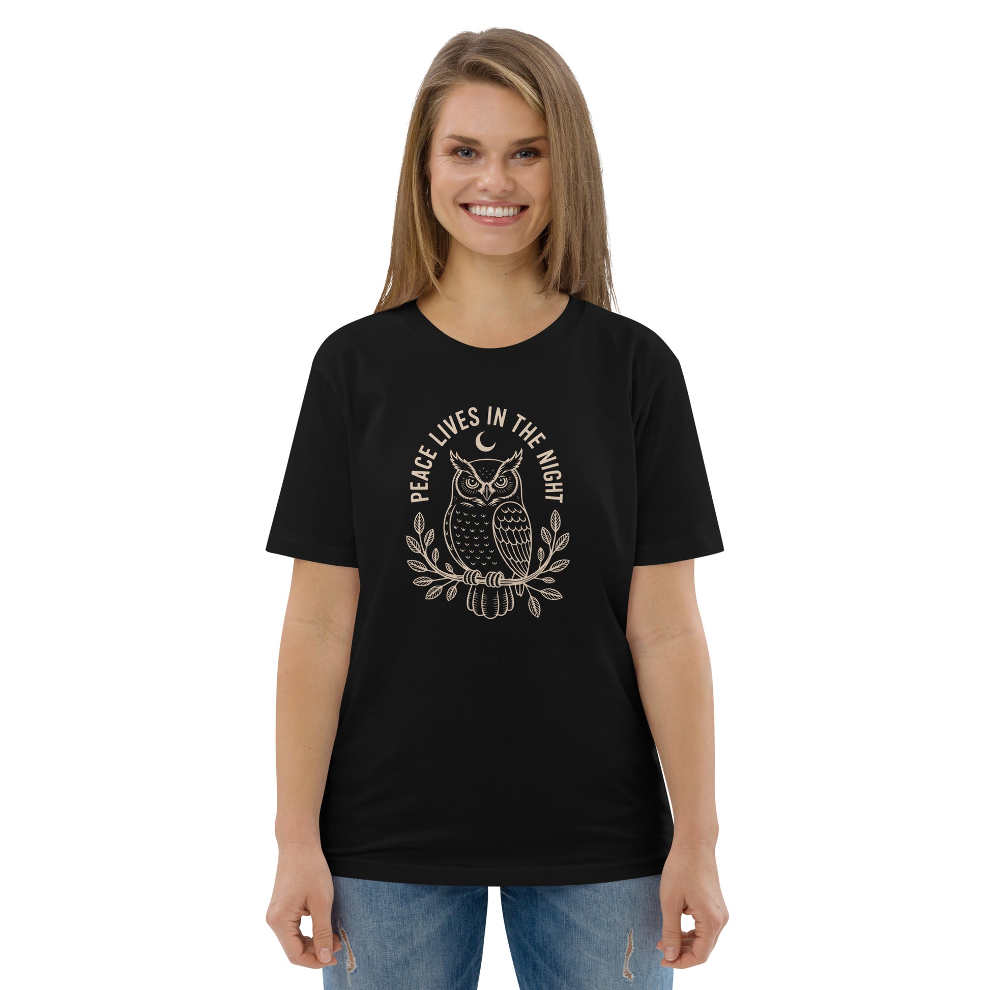 Unisex Organic Cotton T-Shirt: 'Peace in the Night' | Sustainable Owl Fashion USA Dudeily
