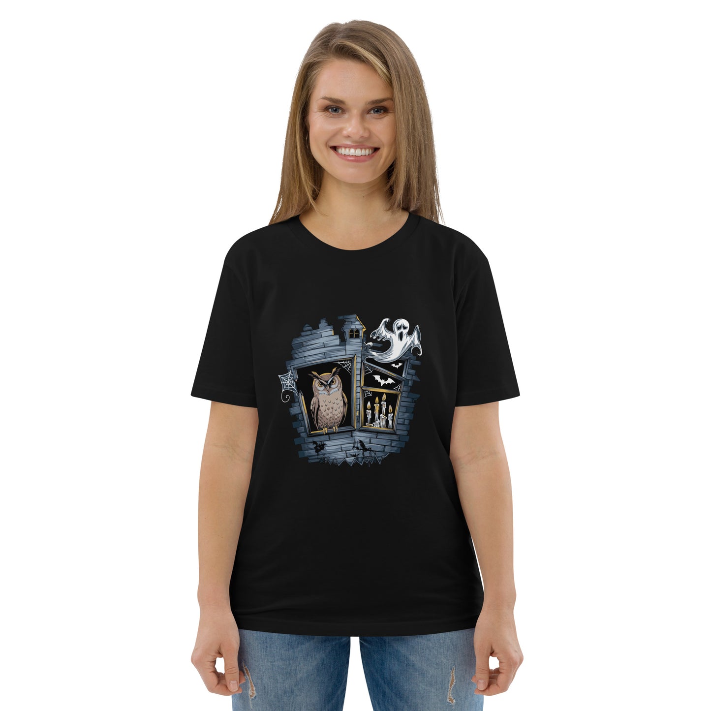 Unisex Organic Cotton T-Shirt: Halloween Owl Eco-Friendly Style USA Black Dudeily