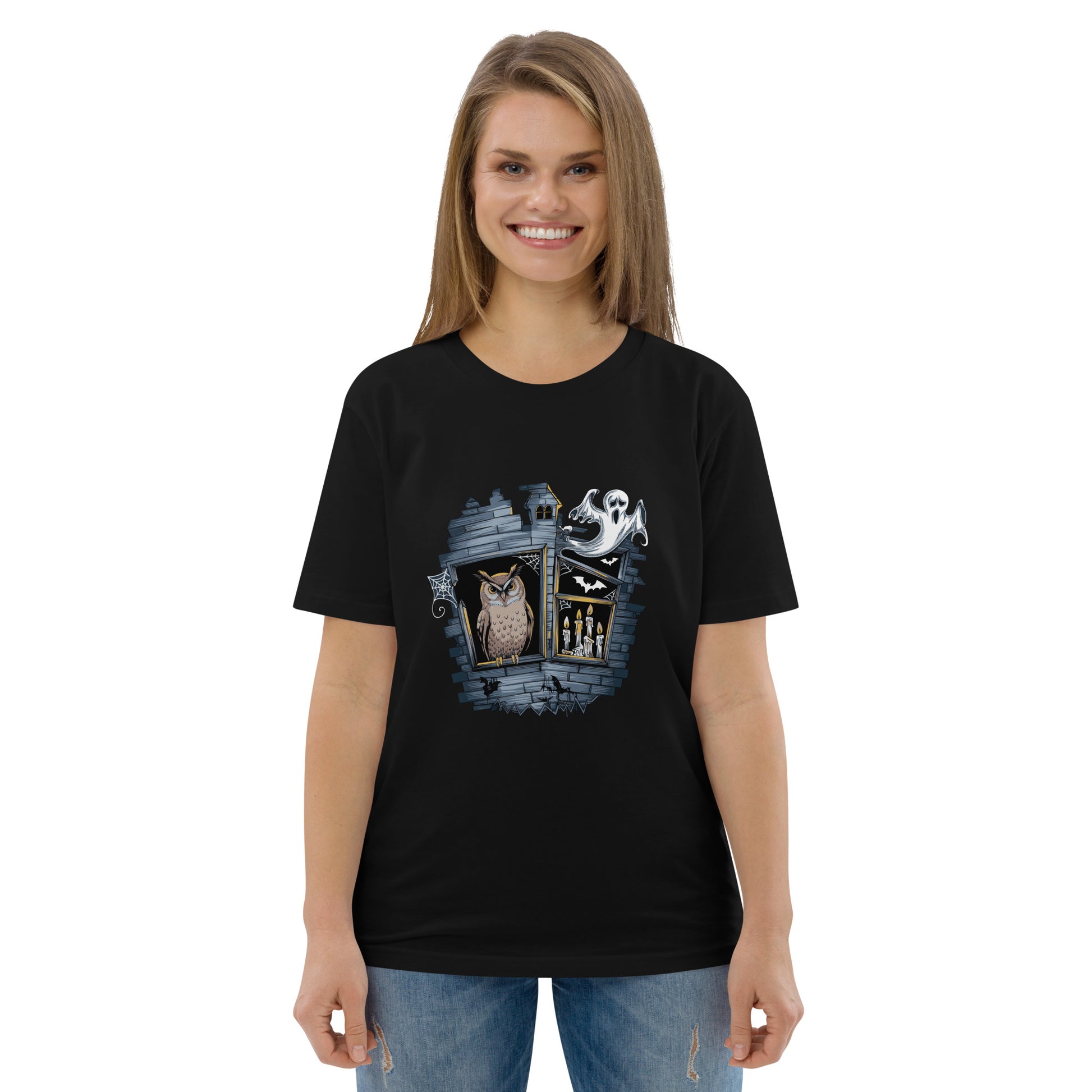 Unisex Organic Cotton T-Shirt: Halloween Owl Eco-Friendly Style USA Black Dudeily
