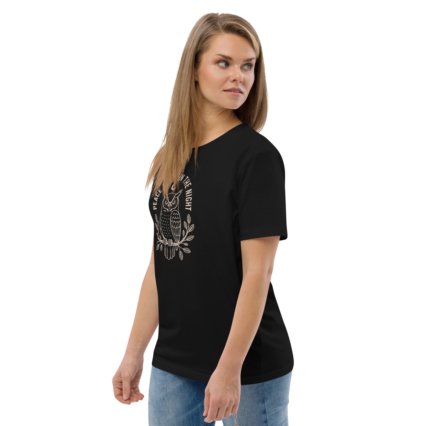 Unisex Organic Cotton T-Shirt: 'Peace in the Night' | Sustainable Owl Fashion USA Dudeily