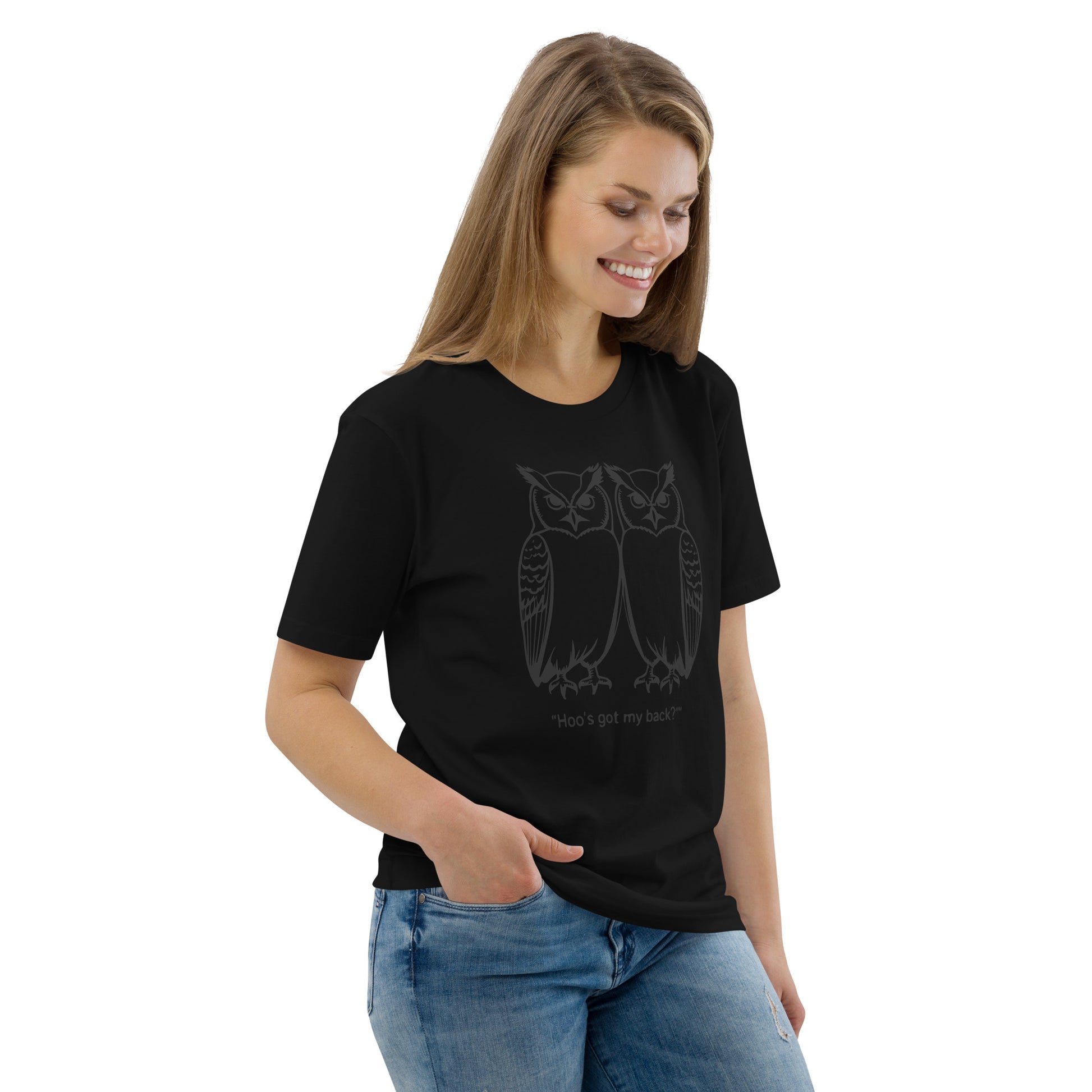 Unisex Organic Cotton T-Shirt: Hoo’s Got My Back? | Owl-Themed Sustainable Fashion USA by Dudeily Dudeily