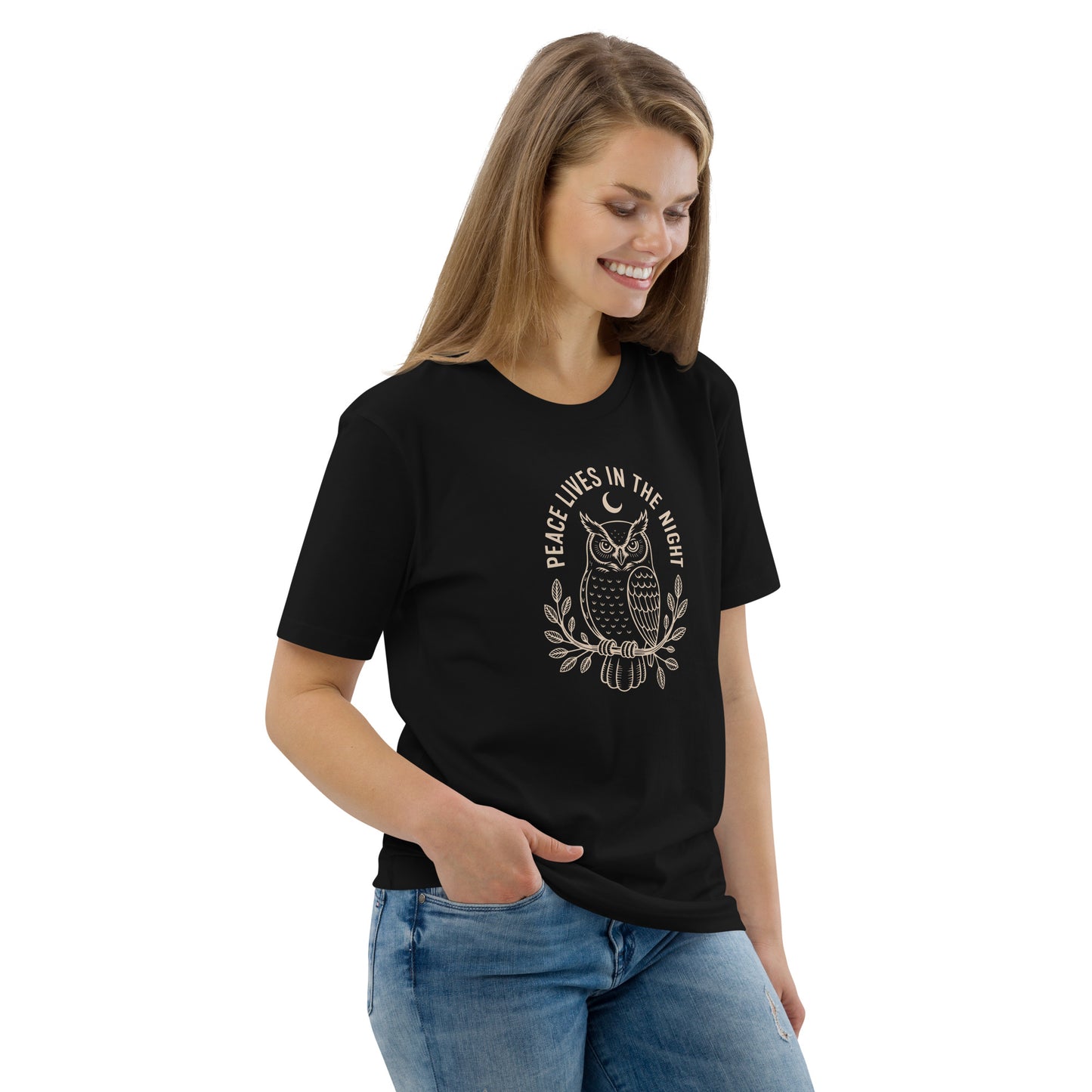 Unisex Organic Cotton T-Shirt: 'Peace in the Night' | Sustainable Owl Fashion USA Dudeily