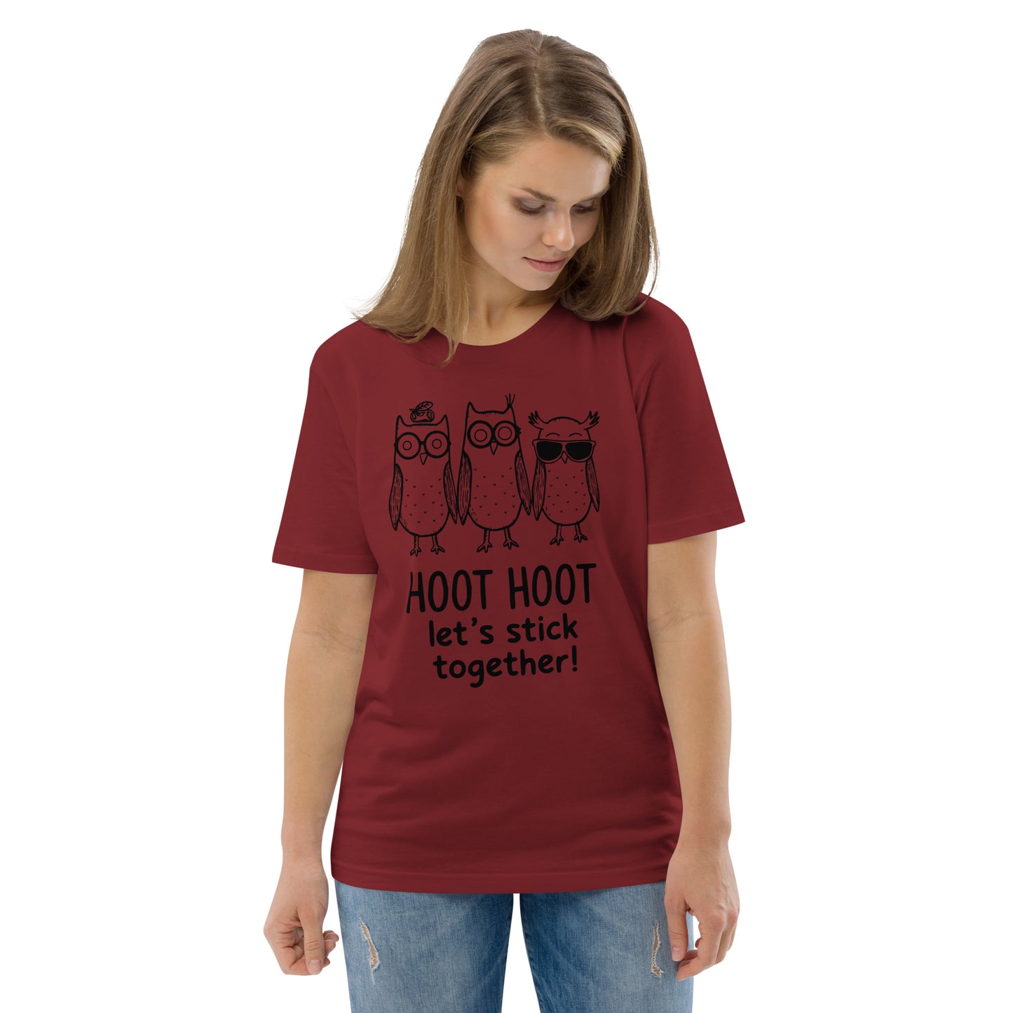 Unisex Organic Cotton T-Shirt: Hoot Hoot Let’s Stick Together! | Owl-Themed Sustainable Fashion USA Burgundy Dudeily