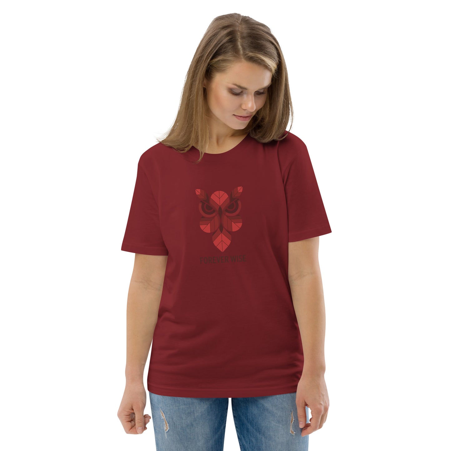 Unisex Organic Cotton T-Shirt: 'Forever Wise' | Sustainable Owl Fashion USA Burgundy Dudeily
