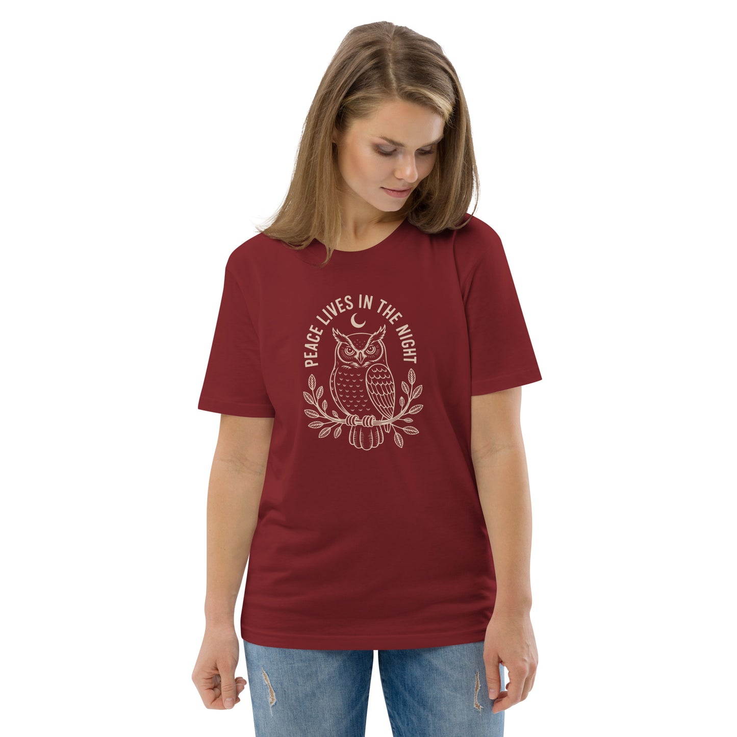 Unisex Organic Cotton T-Shirt: 'Peace in the Night' | Sustainable Owl Fashion USA Burgundy Dudeily