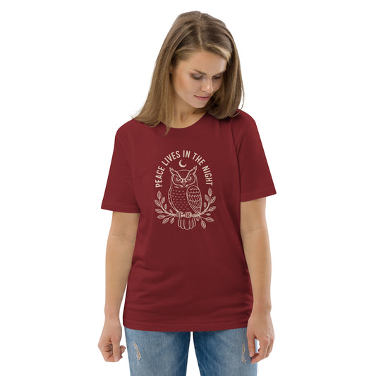 Unisex Organic Cotton T-Shirt: 'Peace in the Night' | Sustainable Owl Fashion USA Burgundy Dudeily