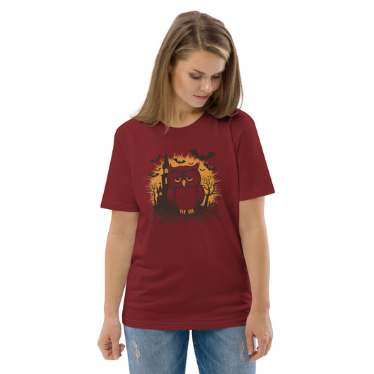Unisex Organic Cotton T-Shirt: Halloween Owl Eco-Friendly Style USA Burgundy Dudeily
