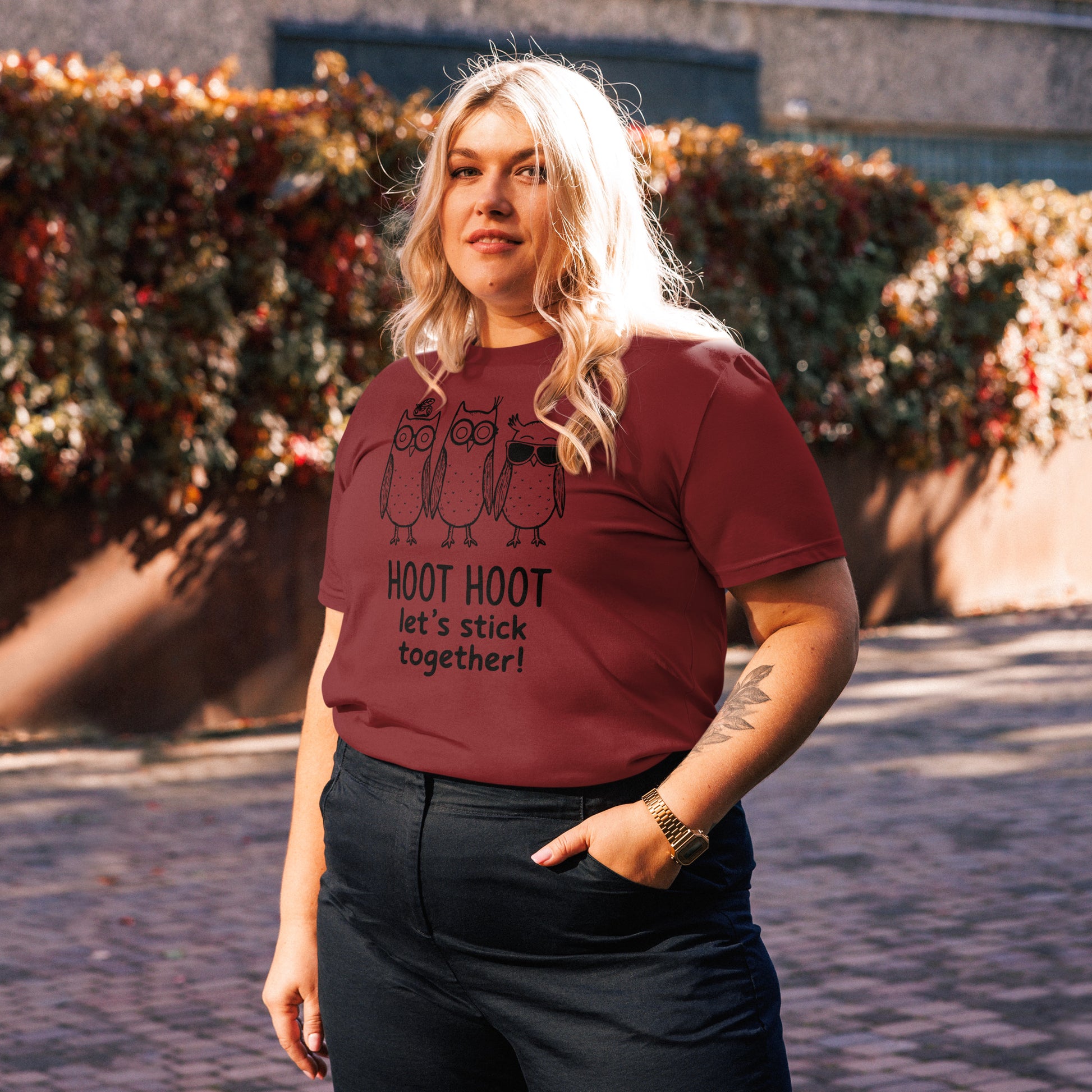Unisex Organic Cotton T-Shirt: Hoot Hoot Let’s Stick Together! | Owl-Themed Sustainable Fashion USA Dudeily