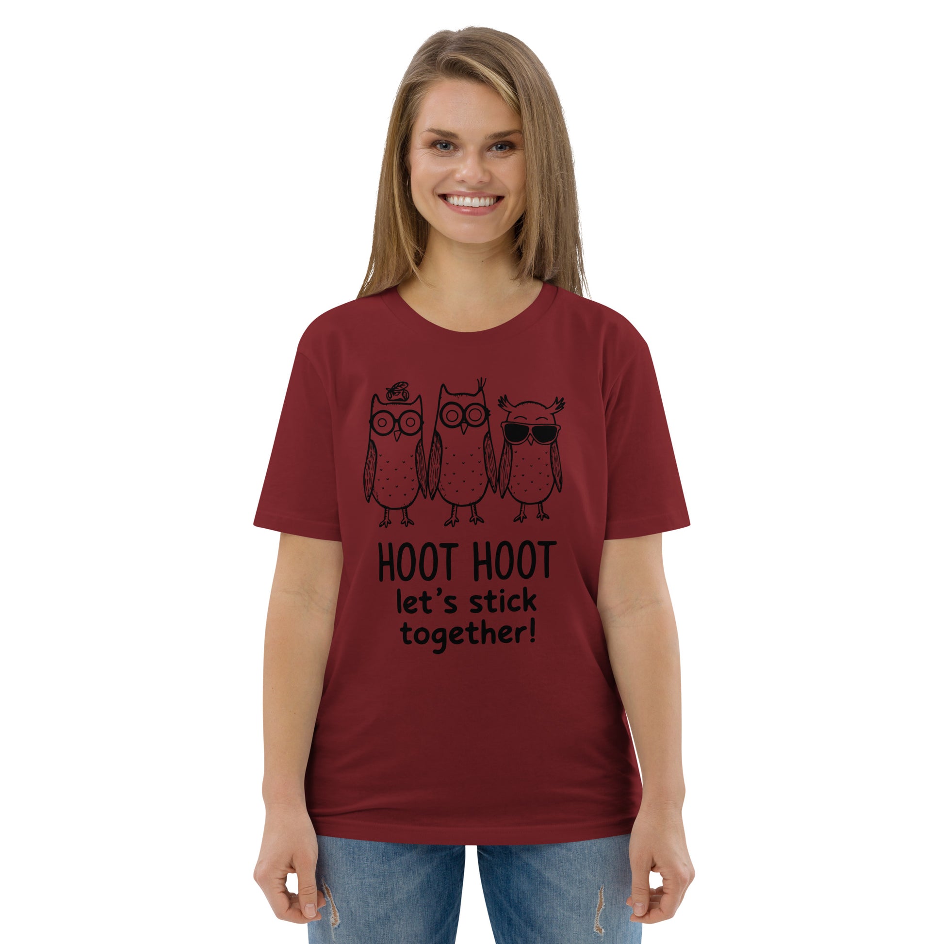 Unisex Organic Cotton T-Shirt: Hoot Hoot Let’s Stick Together! | Owl-Themed Sustainable Fashion USA Dudeily