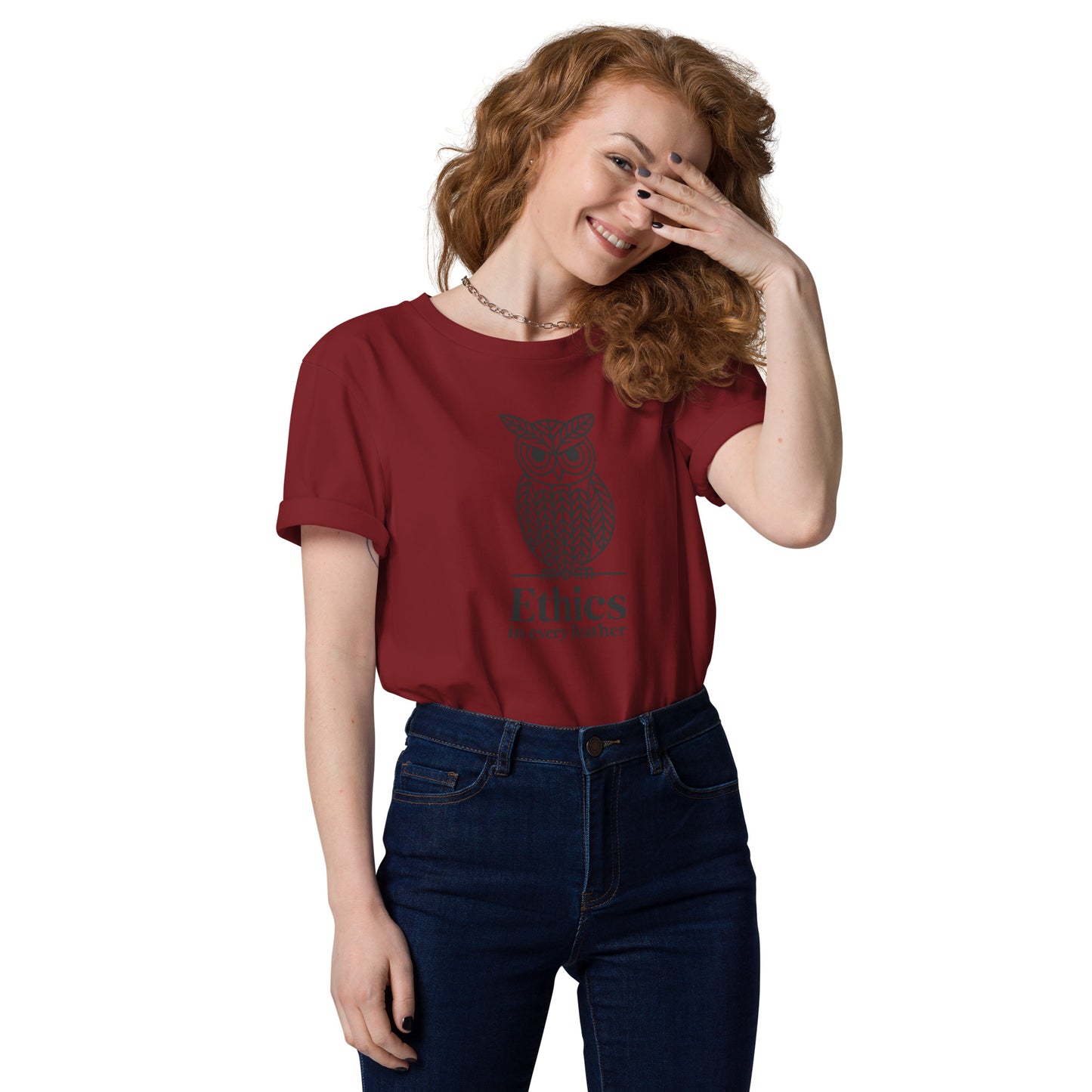 Unisex Organic Cotton T-Shirt: 'Ethics in Every Feather' for Fall | Sustainable Owl Fashion USA Burgundy Dudeily
