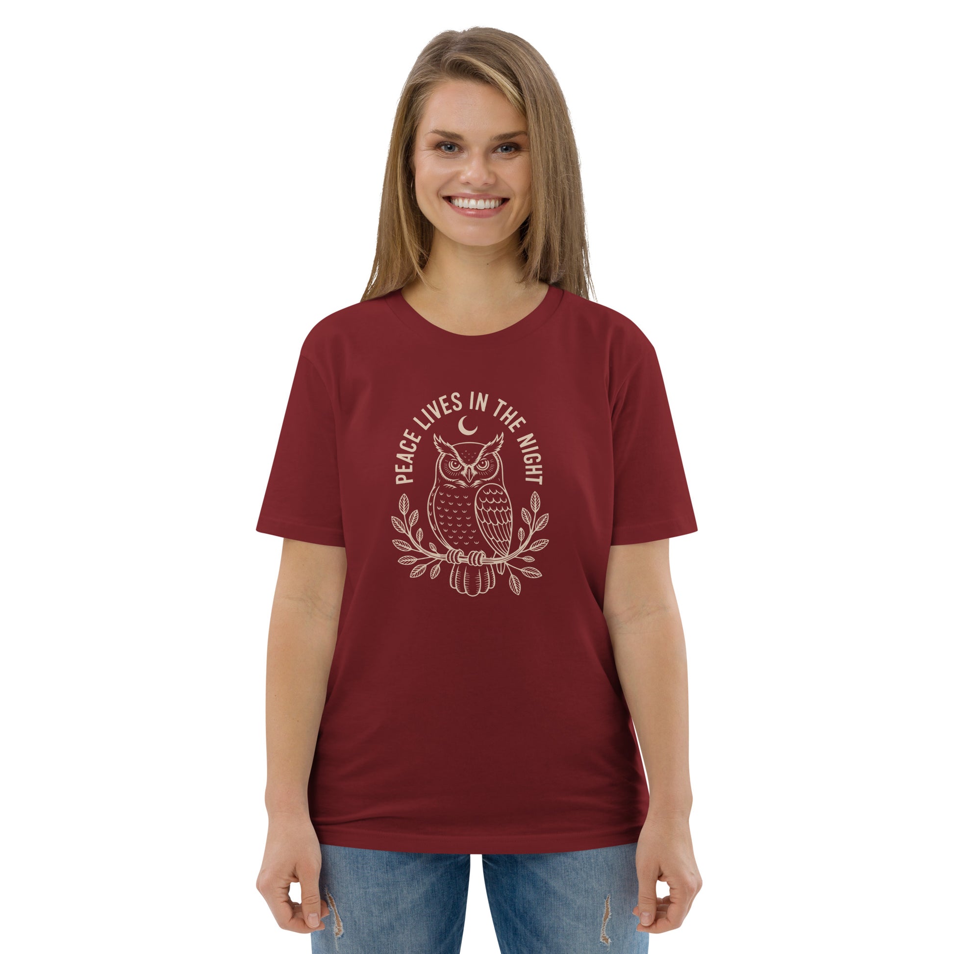 Unisex Organic Cotton T-Shirt: 'Peace in the Night' | Sustainable Owl Fashion USA Dudeily
