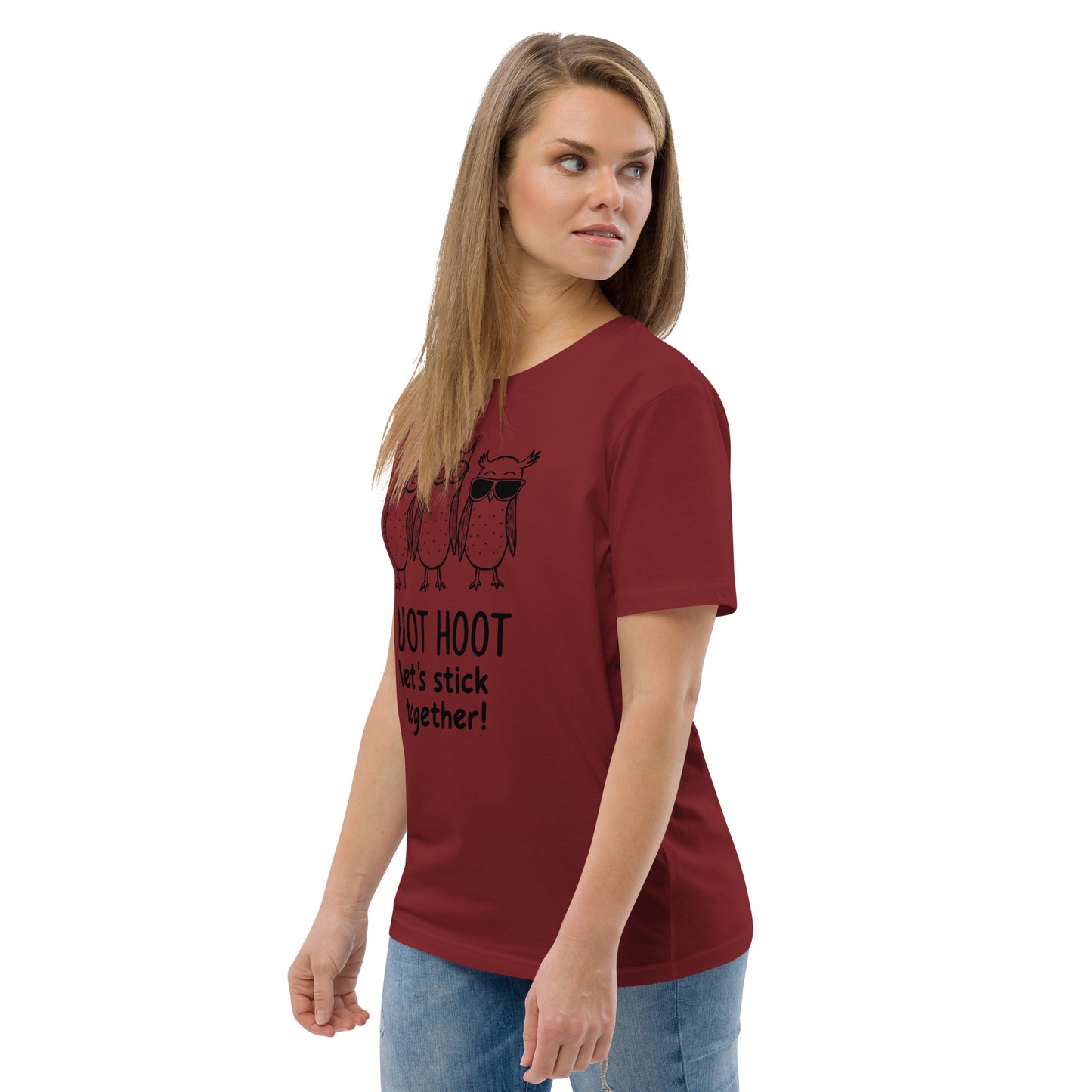 Unisex Organic Cotton T-Shirt: Hoot Hoot Let’s Stick Together! | Owl-Themed Sustainable Fashion USA Dudeily