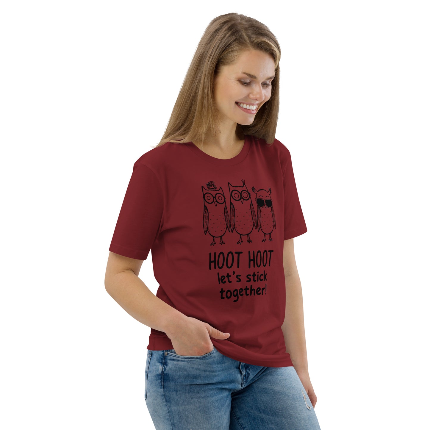 Unisex Organic Cotton T-Shirt: Hoot Hoot Let’s Stick Together! | Owl-Themed Sustainable Fashion USA Dudeily
