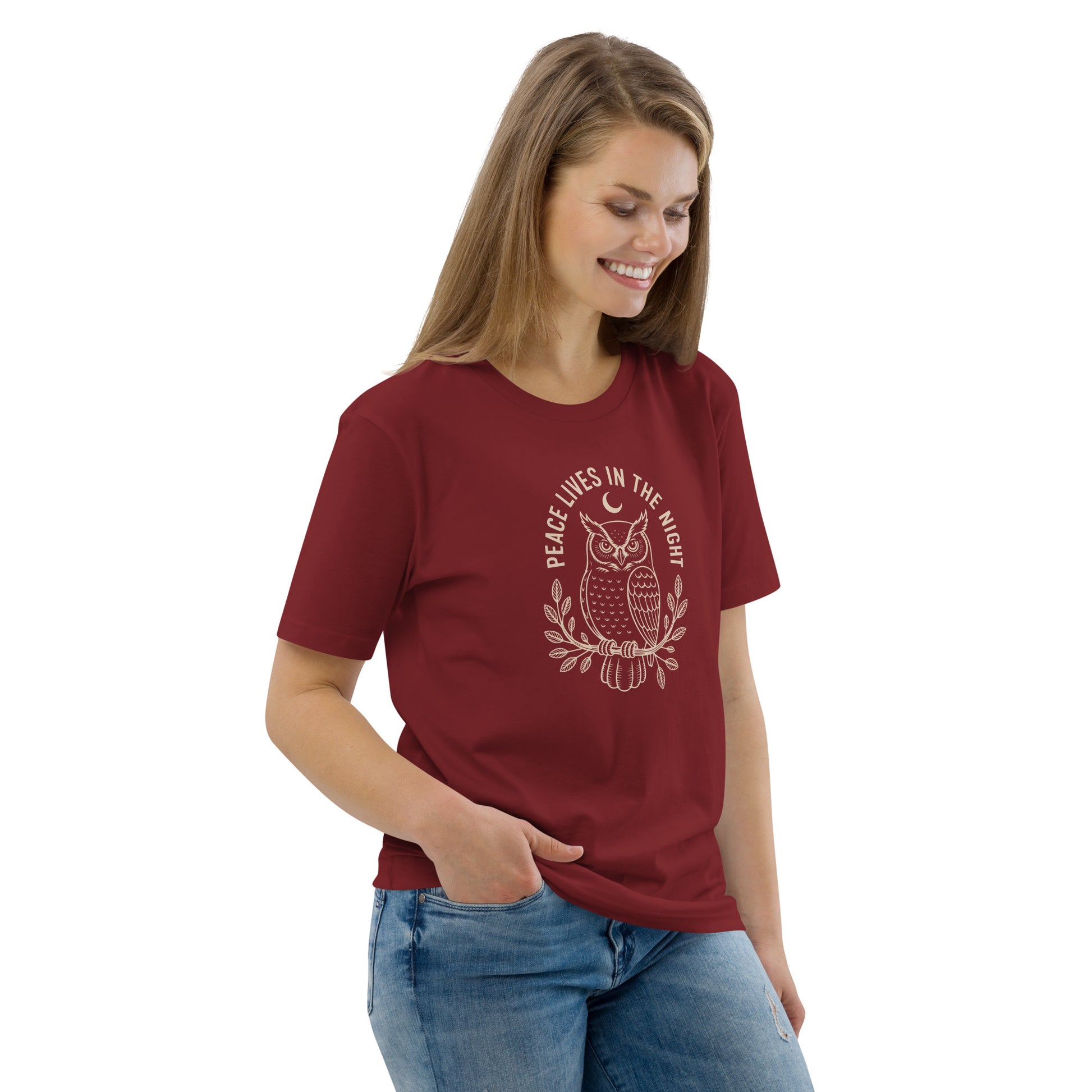 Unisex Organic Cotton T-Shirt: 'Peace in the Night' | Sustainable Owl Fashion USA Dudeily
